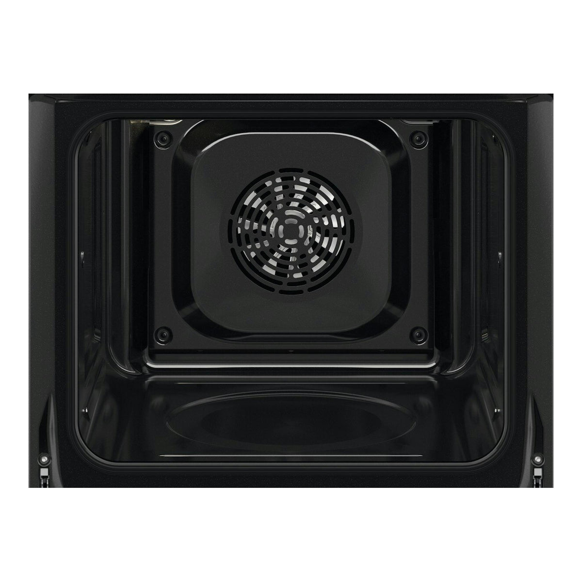 Interior de horno Electrolux EOF3H40BX en negro, vista frontal del compartimento con ventilador circular trasero.