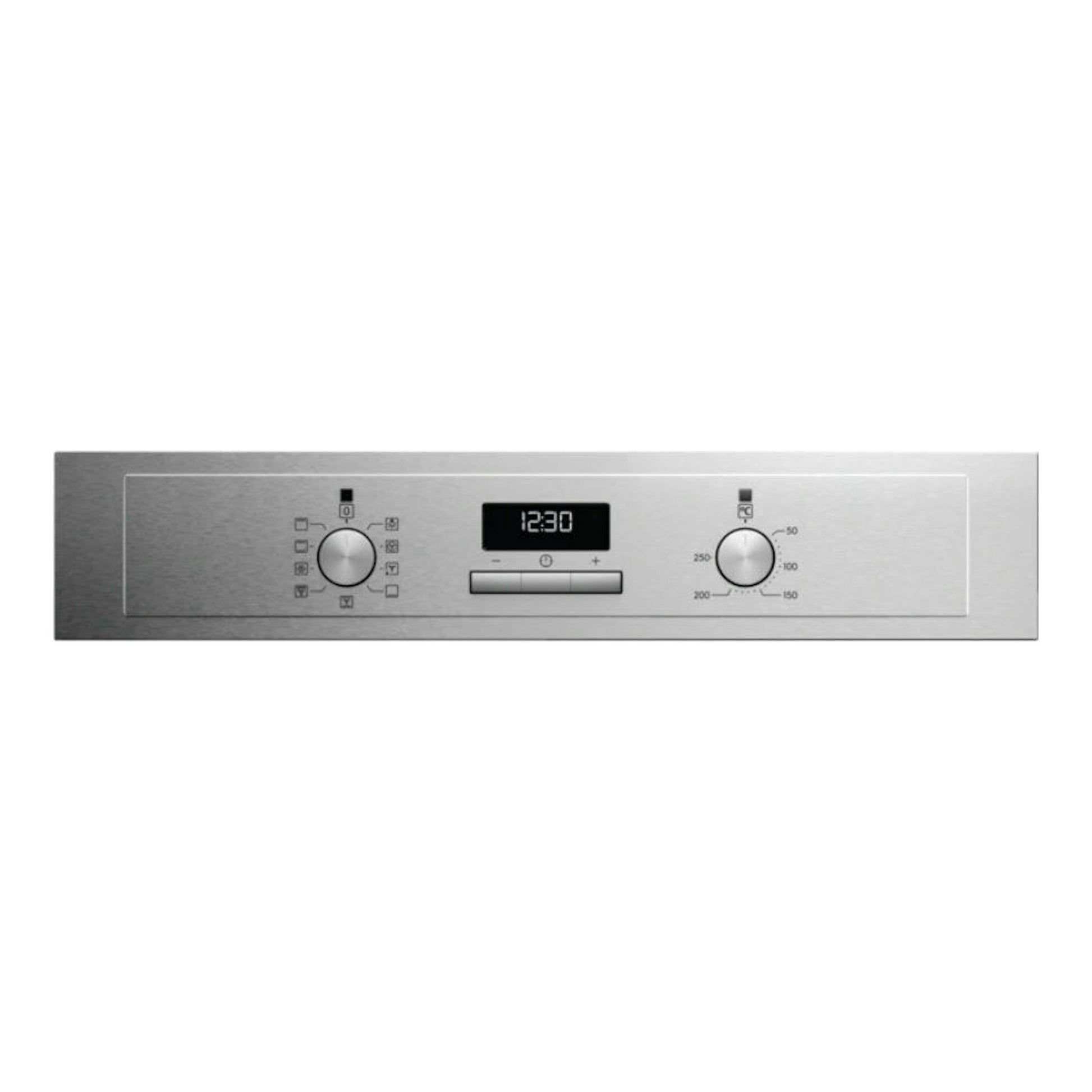 Electrolux EOF3H50BX inox, panel de control frontal con pantalla 12:30 y dos mandos giratorios.