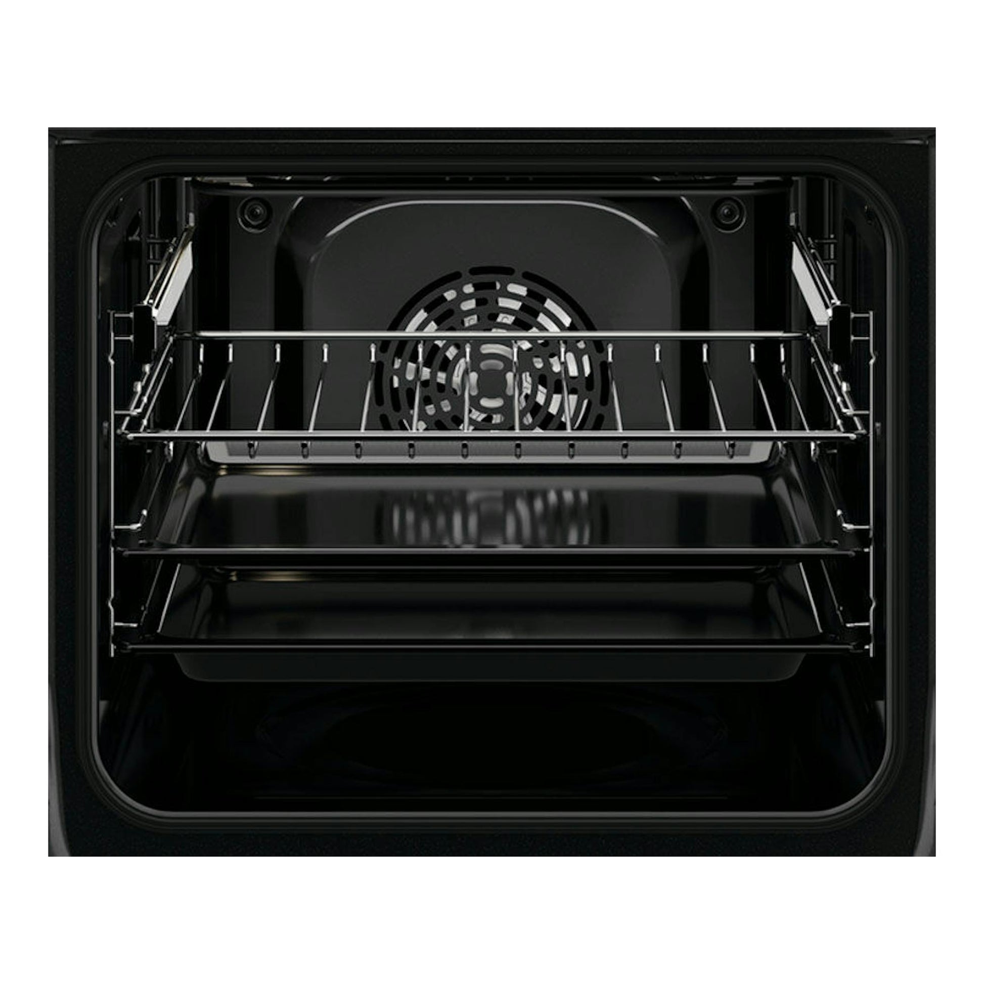 Interior de horno Electrolux EOF3H50BX inox, vista frontal, con cavidad negra, ventilador y bandejas metálicas.