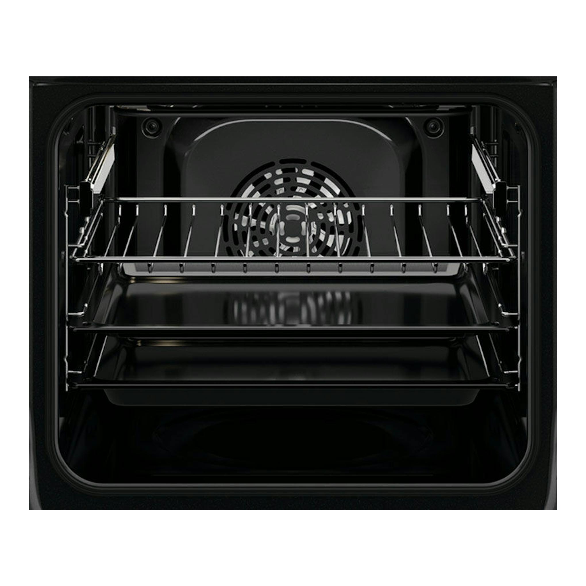 Interior de horno Electrolux EOF3H50BX inox, vista frontal, con cavidad negra, ventilador y bandejas metálicas.