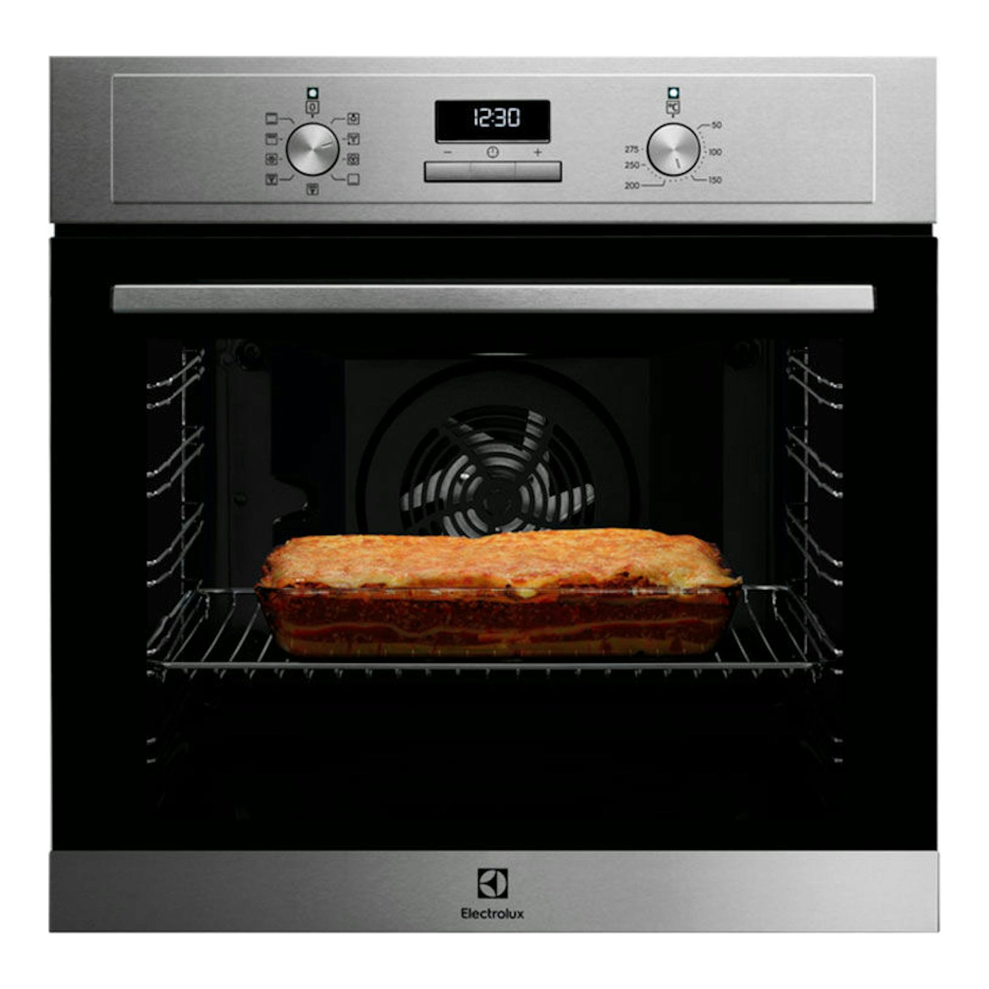 Horno Electrolux EOF3H54X inox, vista frontal, con pantalla digital y una lasaña en la bandeja.