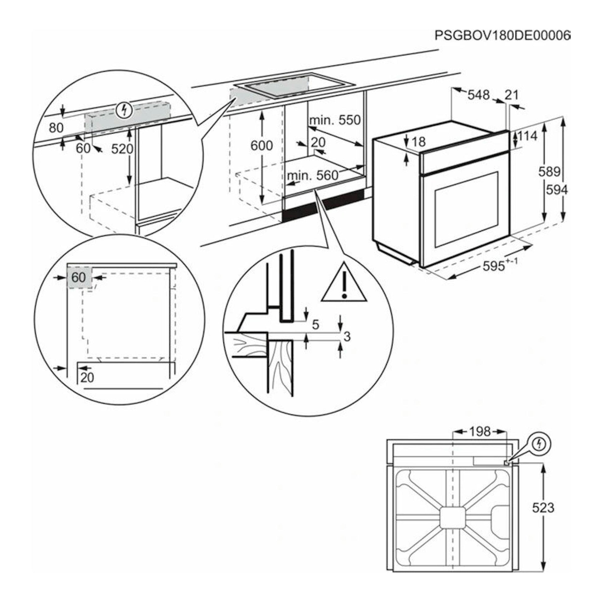 Electrolux EOF3H54X: diagrama técnico de instalación de horno inox, vistas frontal y superior con medidas.