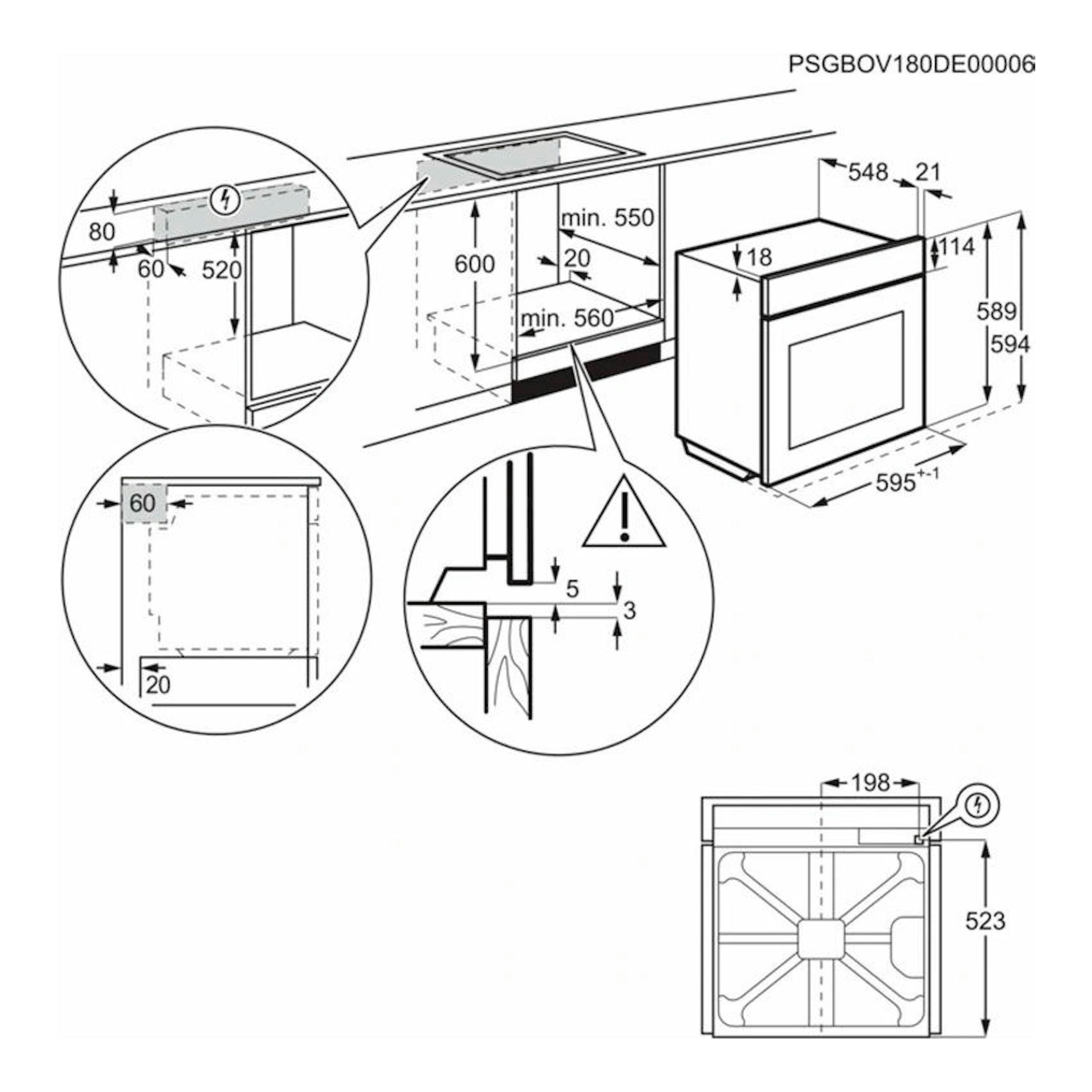 Electrolux EOF3H54X: diagrama técnico de instalación de horno inox, vistas frontal y superior con medidas.