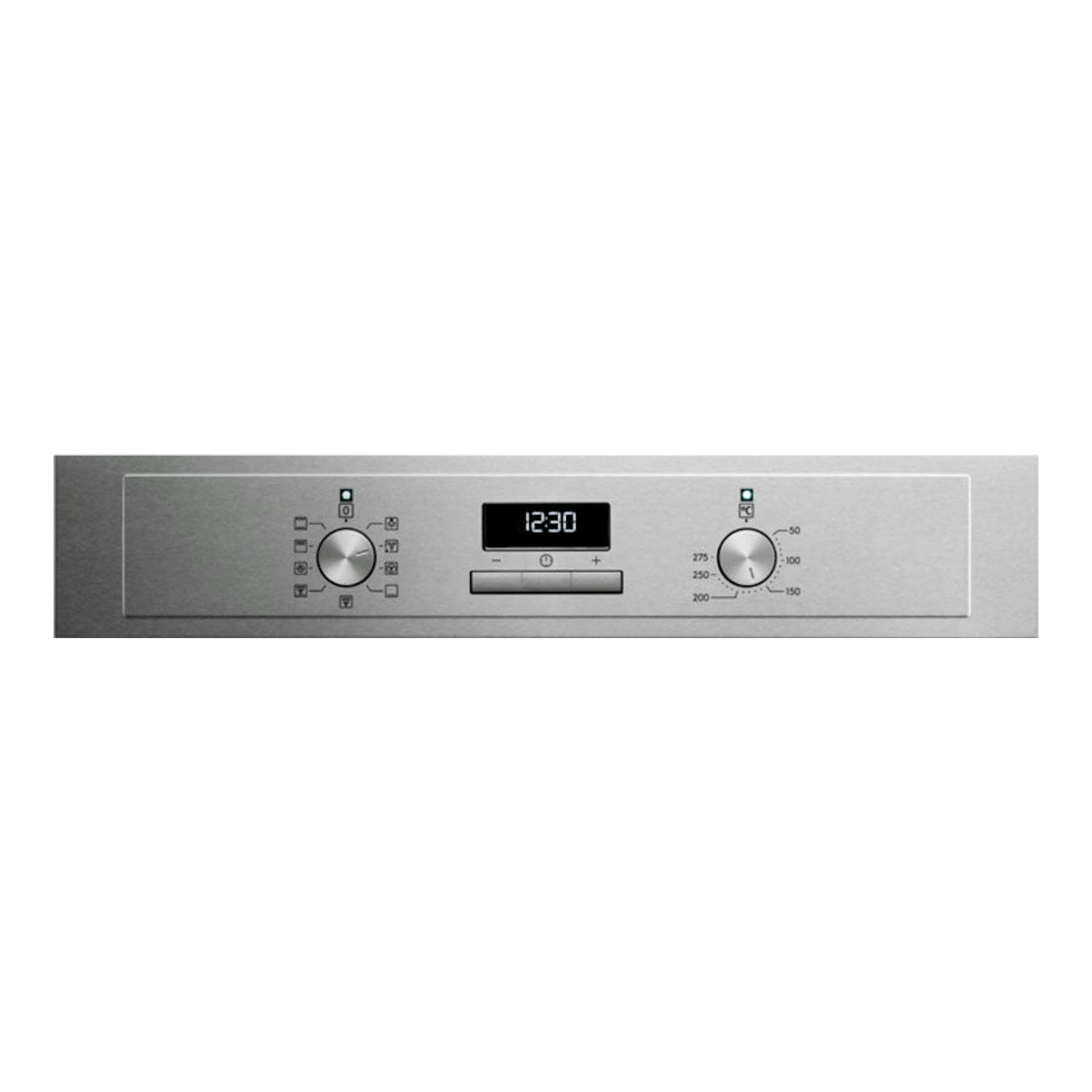 Horno Electrolux EOF3H54X inox, vista frontal del panel de control en acero con reloj digital y dos mandos.