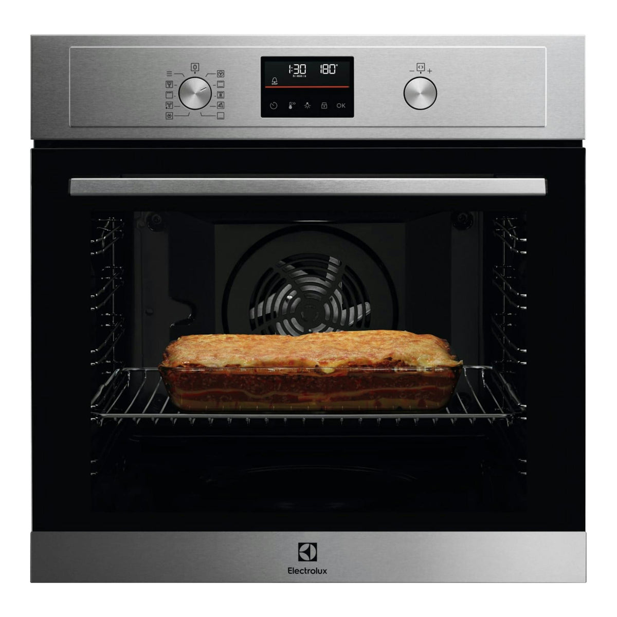 Horno Electrolux EOF4P56X de acero inoxidable, vista frontal, con puerta abierta y bandeja de comida en el interior.