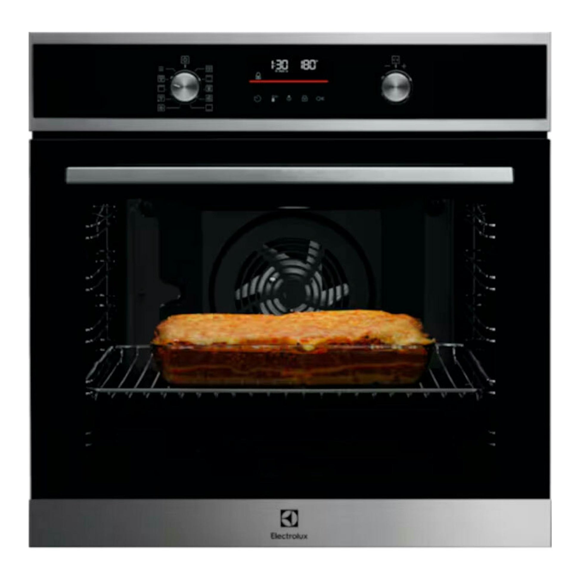 Horno Electrolux EOF6P46VX0 inox, vista frontal, puerta negra con panel de control digital y bandeja con comida.