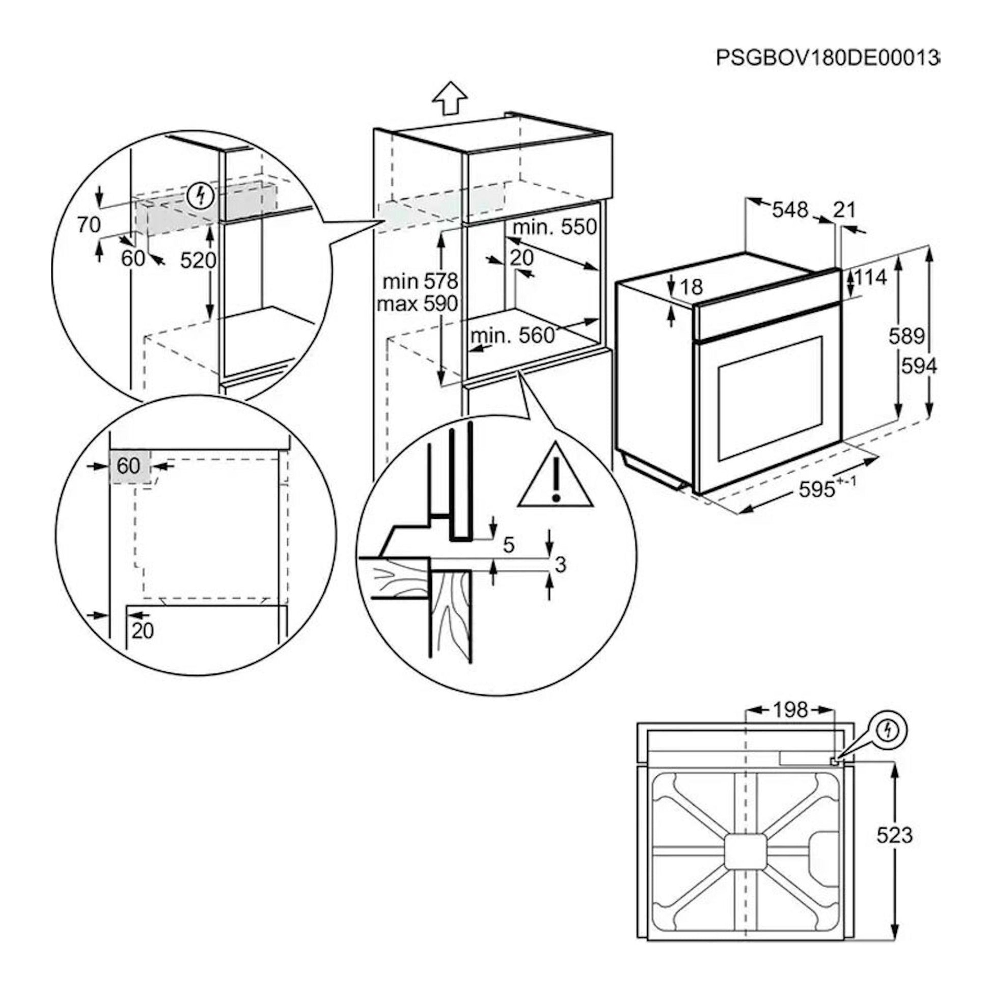 Diagrama técnico de instalación de horno empotrable Electrolux EOF6P77X inox, con medidas y vistas.