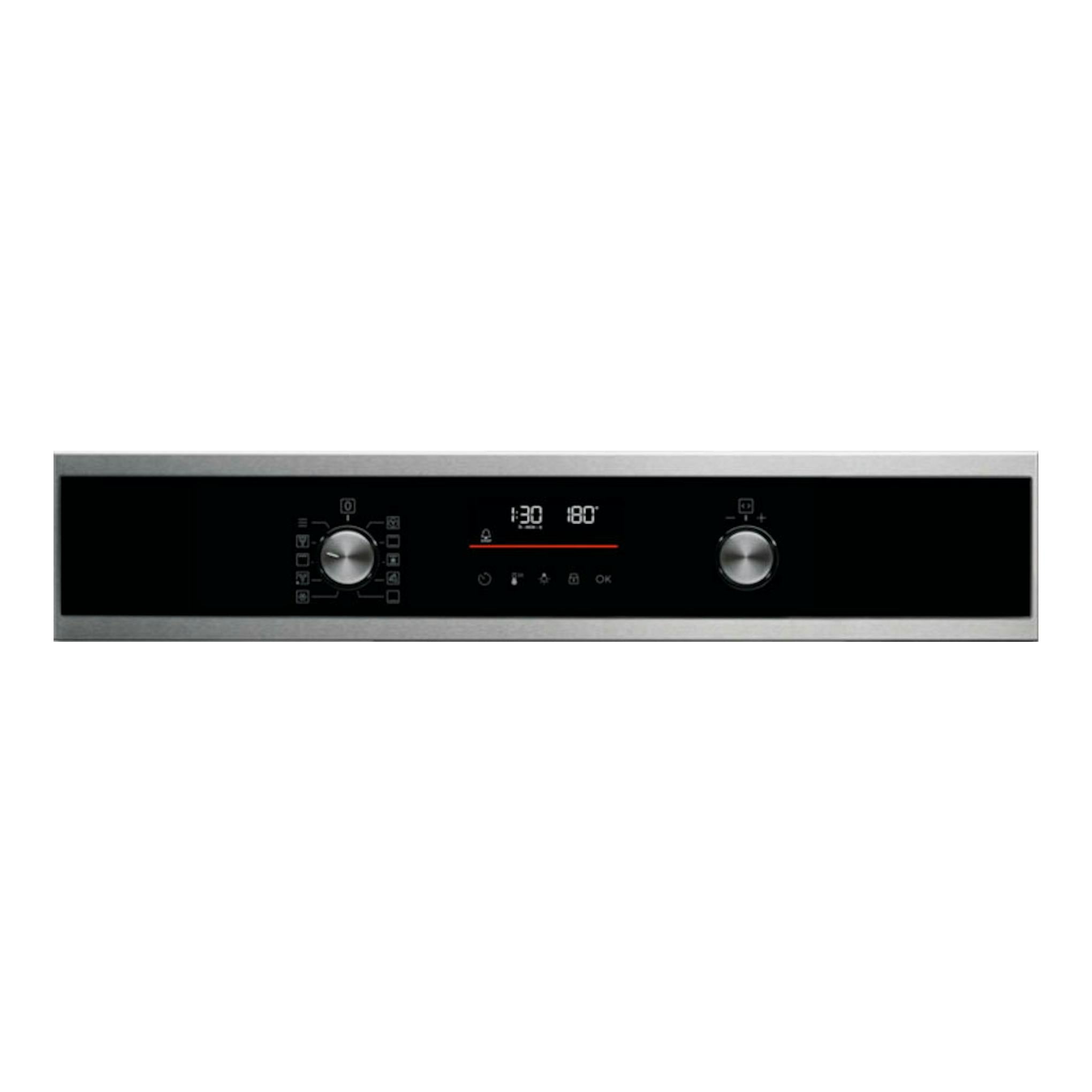 Electrolux EOF6P77X, panel frontal de horno en negro con marco inox, dos mandos y display digital.