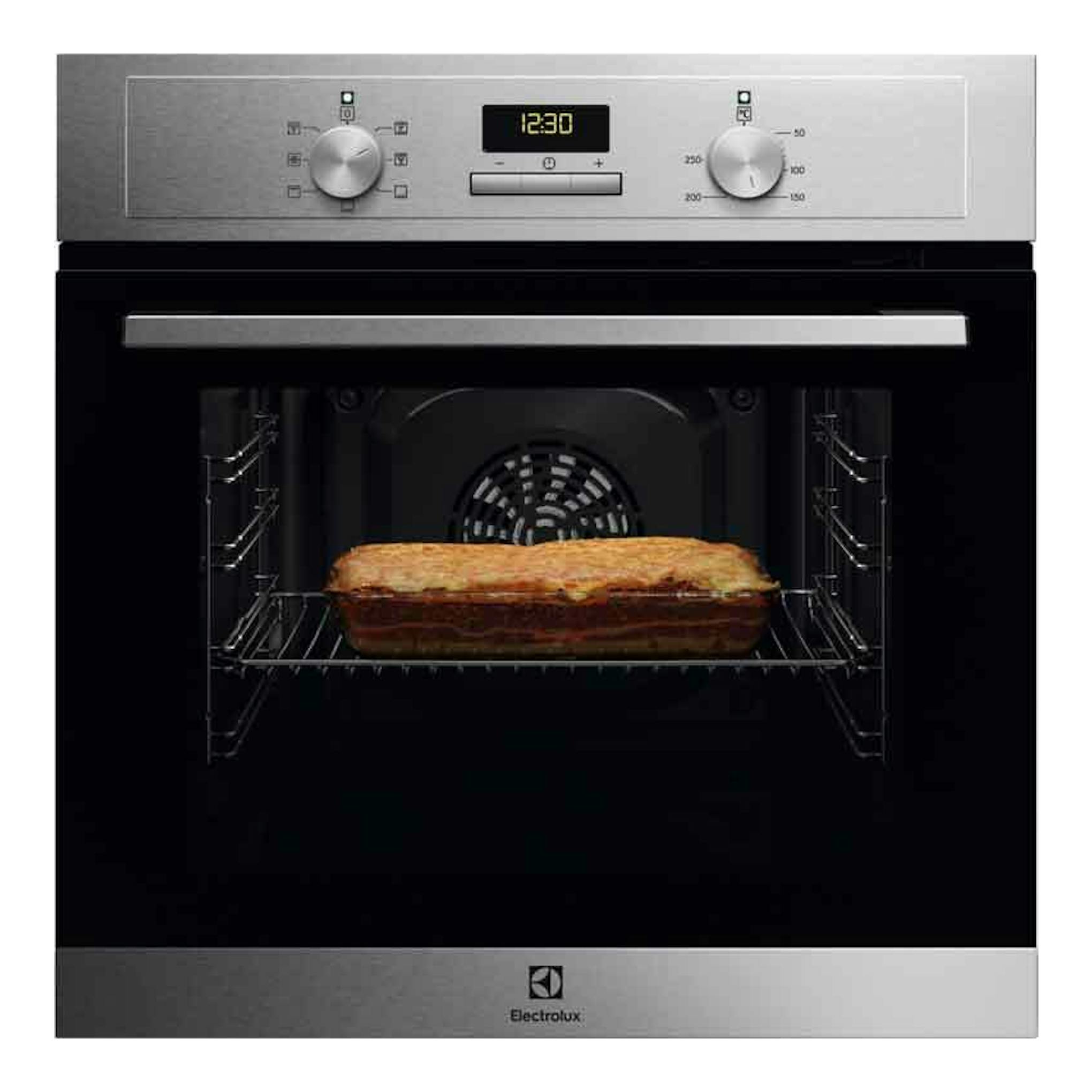 Horno Electrolux EOH3H00BX inox, vista frontal, panel digital y dos mandos, con una bandeja con pan en el interior.