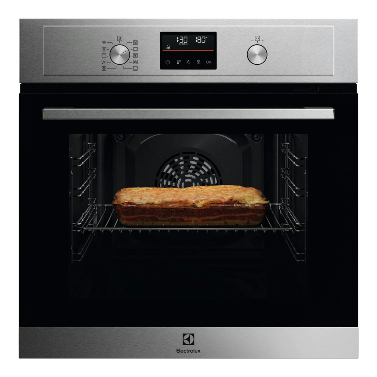 Horno Electrolux EOH4P46BX inox, vista frontal, con display central y bandeja con comida gratinada.