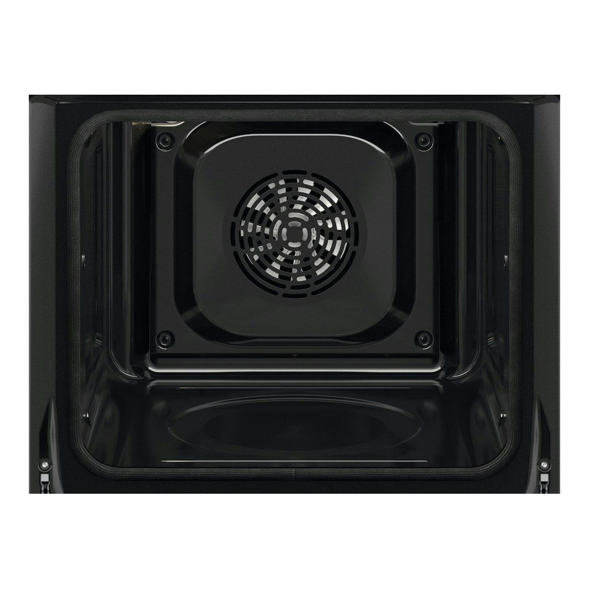 Interior de horno Electrolux EOH4P46BX negro con ventilador circular trasero, vista frontal.