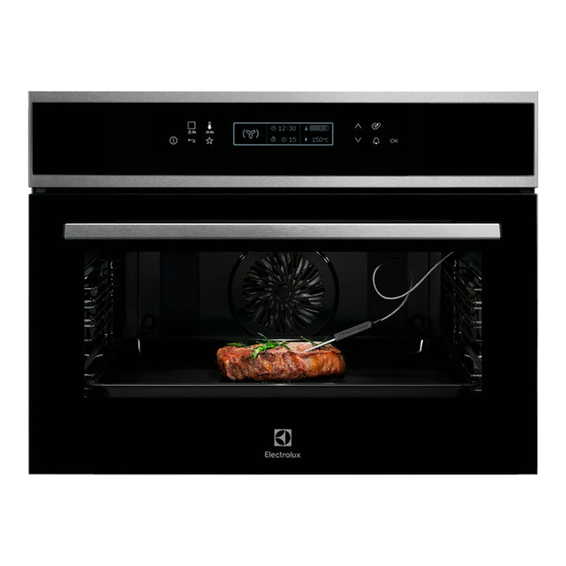Horno Electrolux EVE8P21X de acero inoxidable y vidrio negro, vista frontal, con puerta abierta.