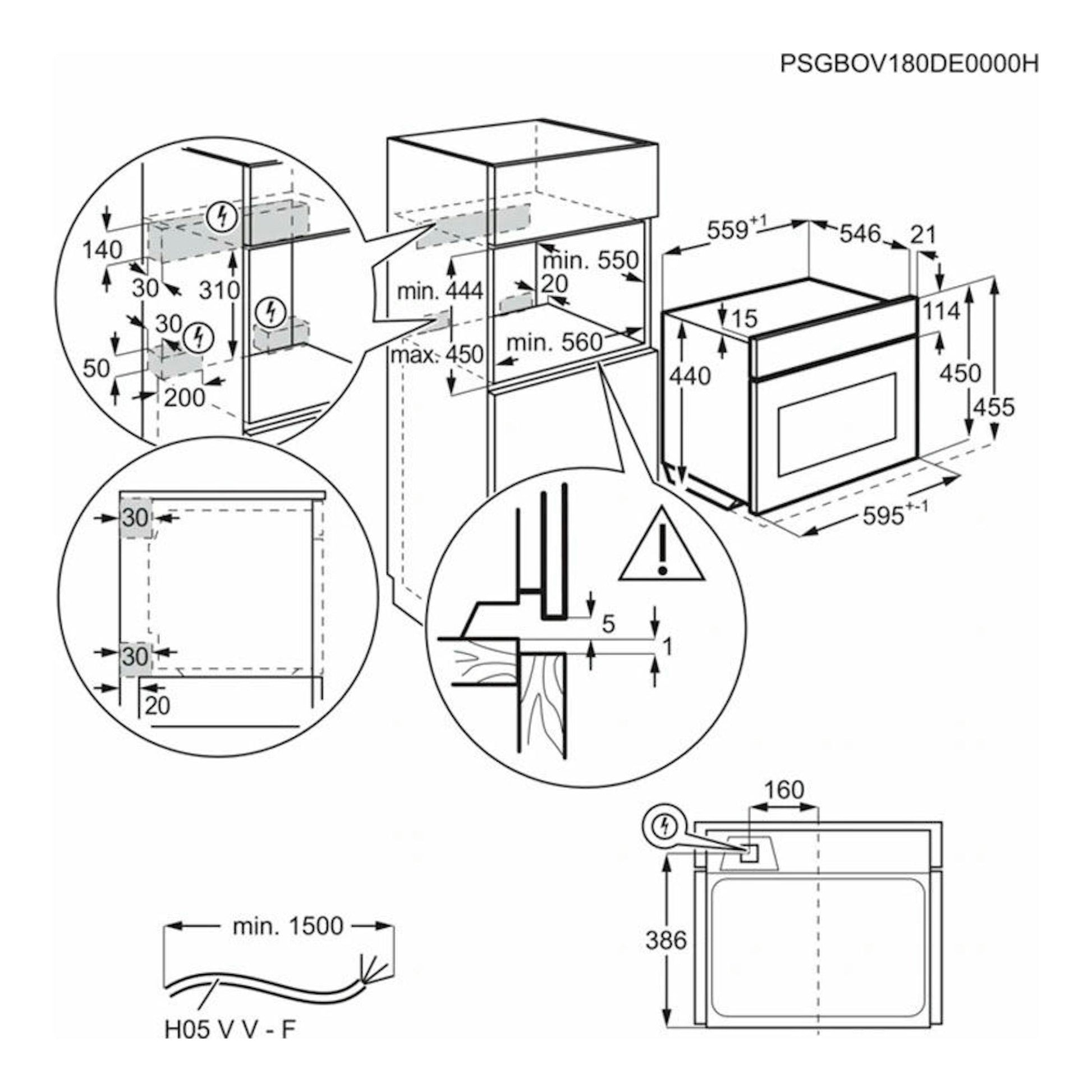 Electrolux EVE8P21X: esquema técnico en blanco y negro del horno, con vistas frontal y superior y medidas.
