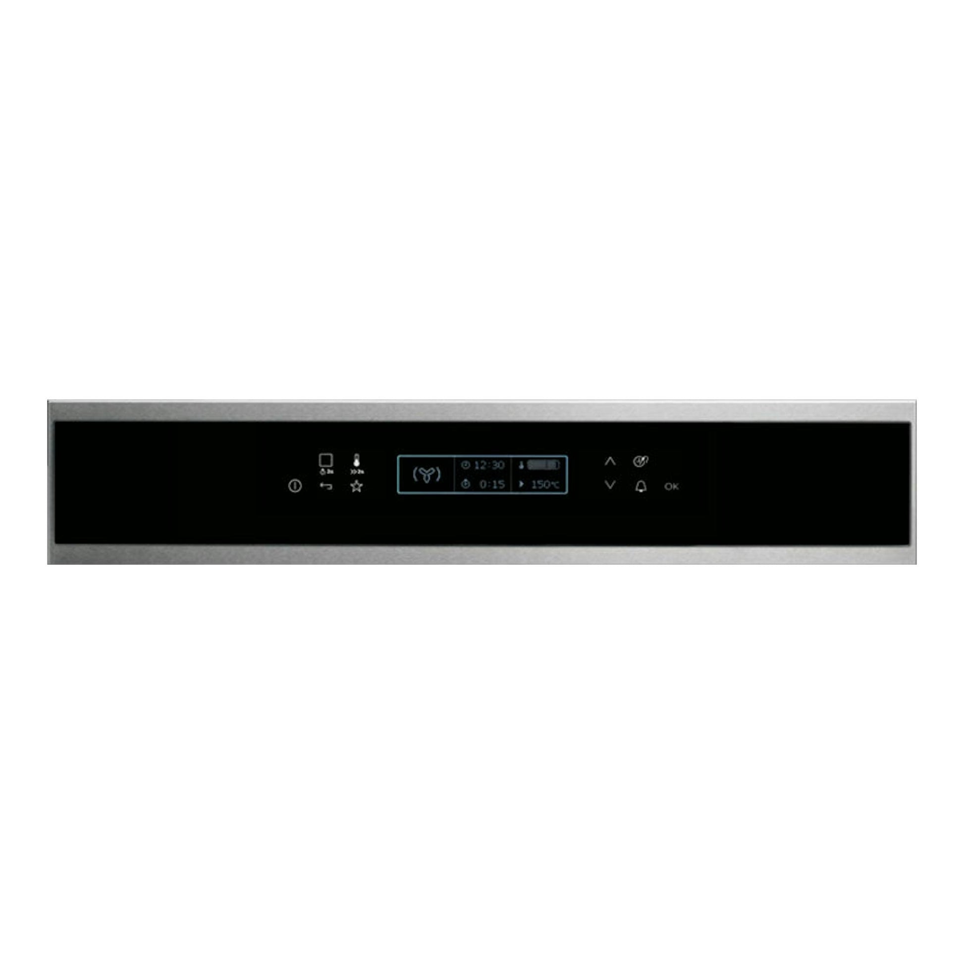 Horno Electrolux EVE8P21X inox, vista frontal con panel negro y marco de acero inoxidable.
