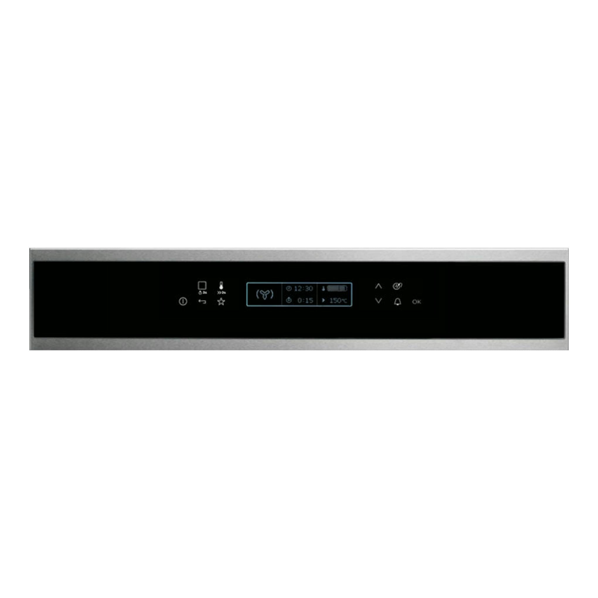 Horno Electrolux EVE8P21X inox, vista frontal con panel negro y marco de acero inoxidable.