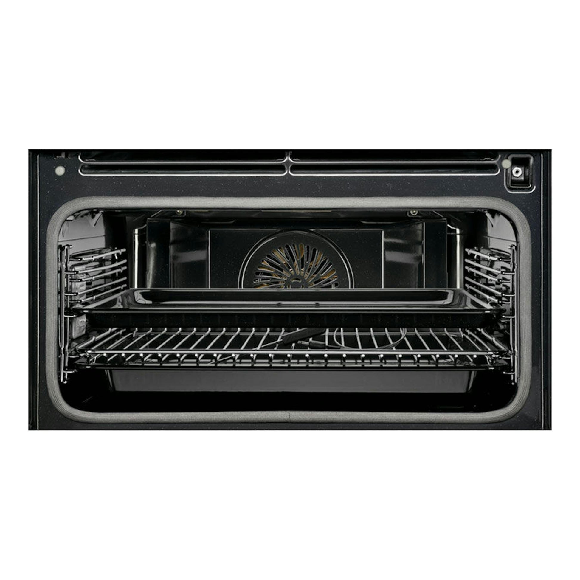 Horno Electrolux EVE8P21X Inox, vista frontal del interior negro con rejillas y ventilador trasero.