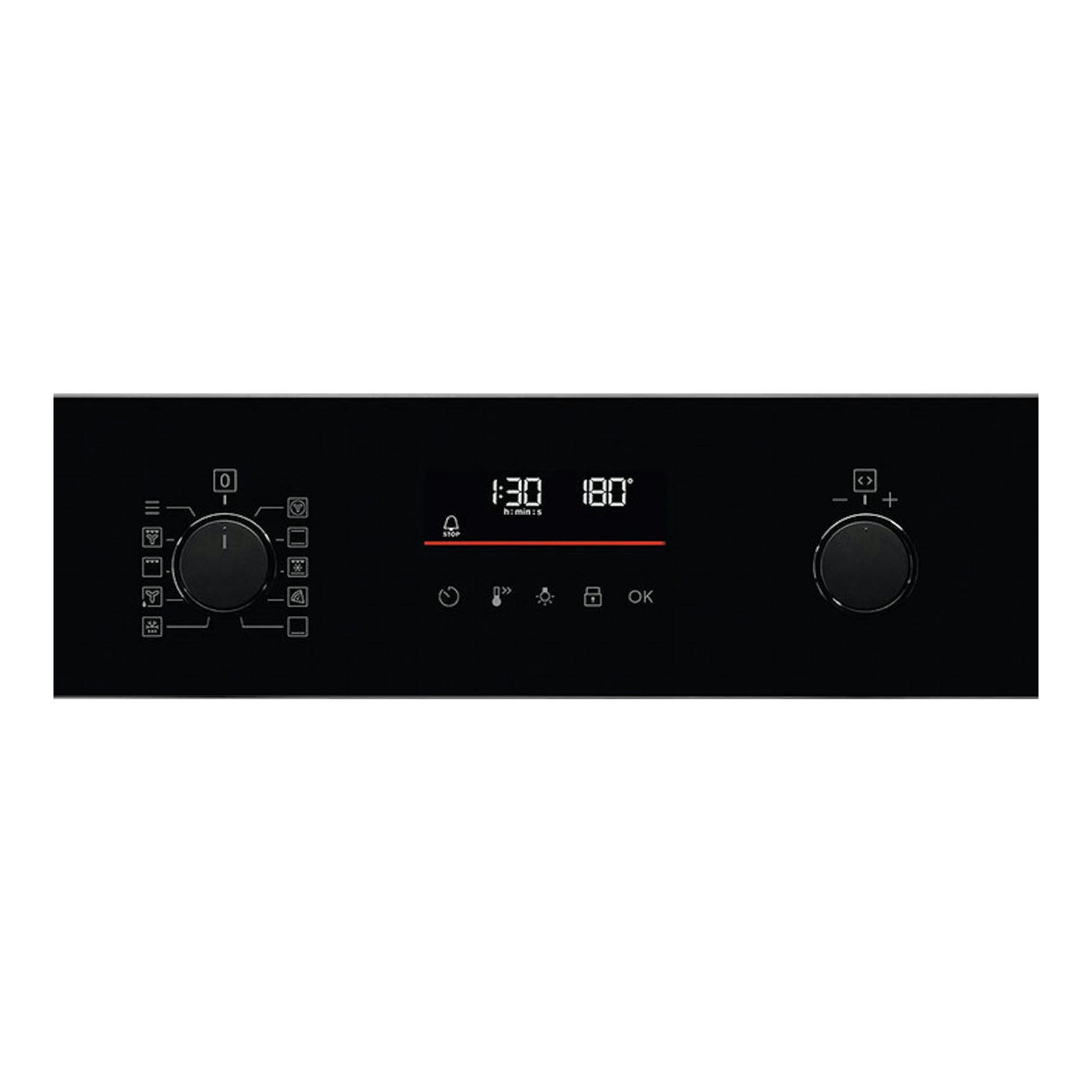 Panel frontal negro de horno Electrolux EVF6E46Z con pantalla digital y dos mandos.