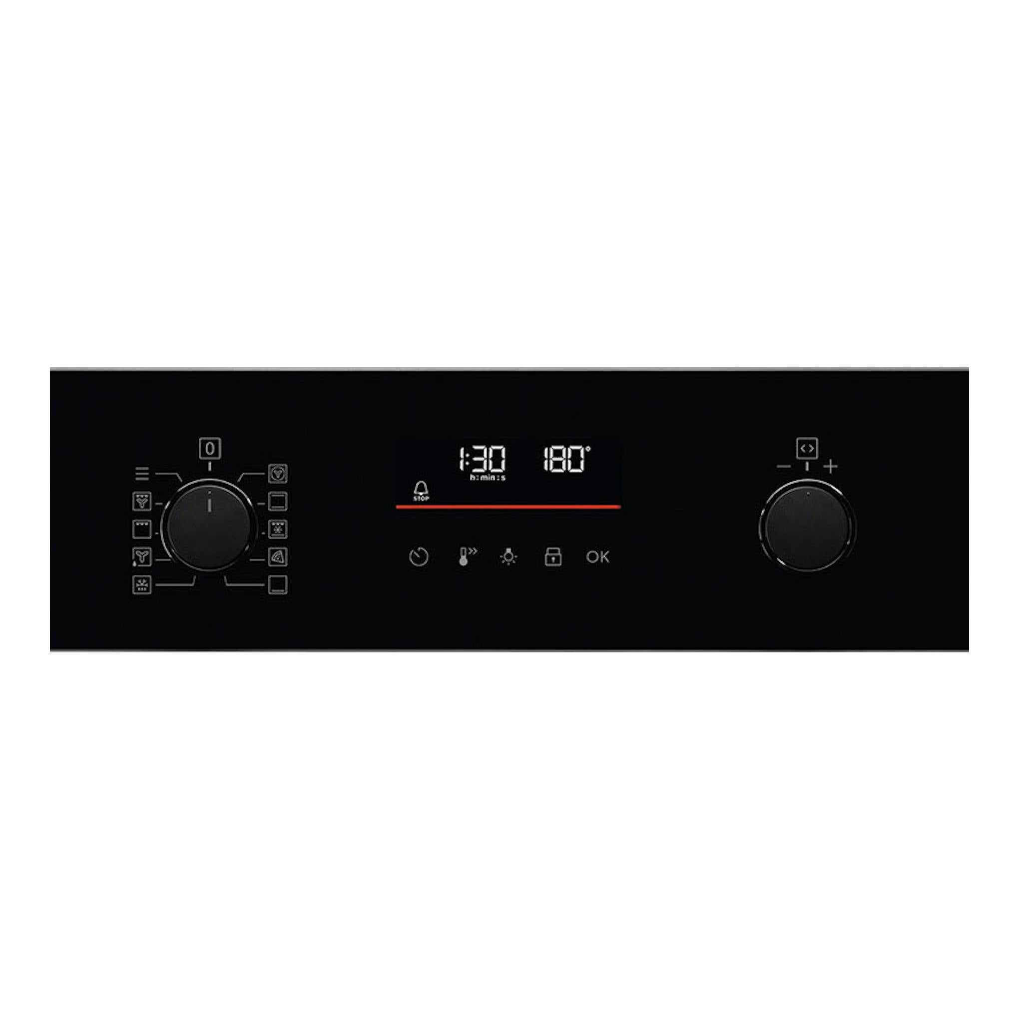 Panel frontal negro de horno Electrolux EVF6E46Z con pantalla digital y dos mandos.