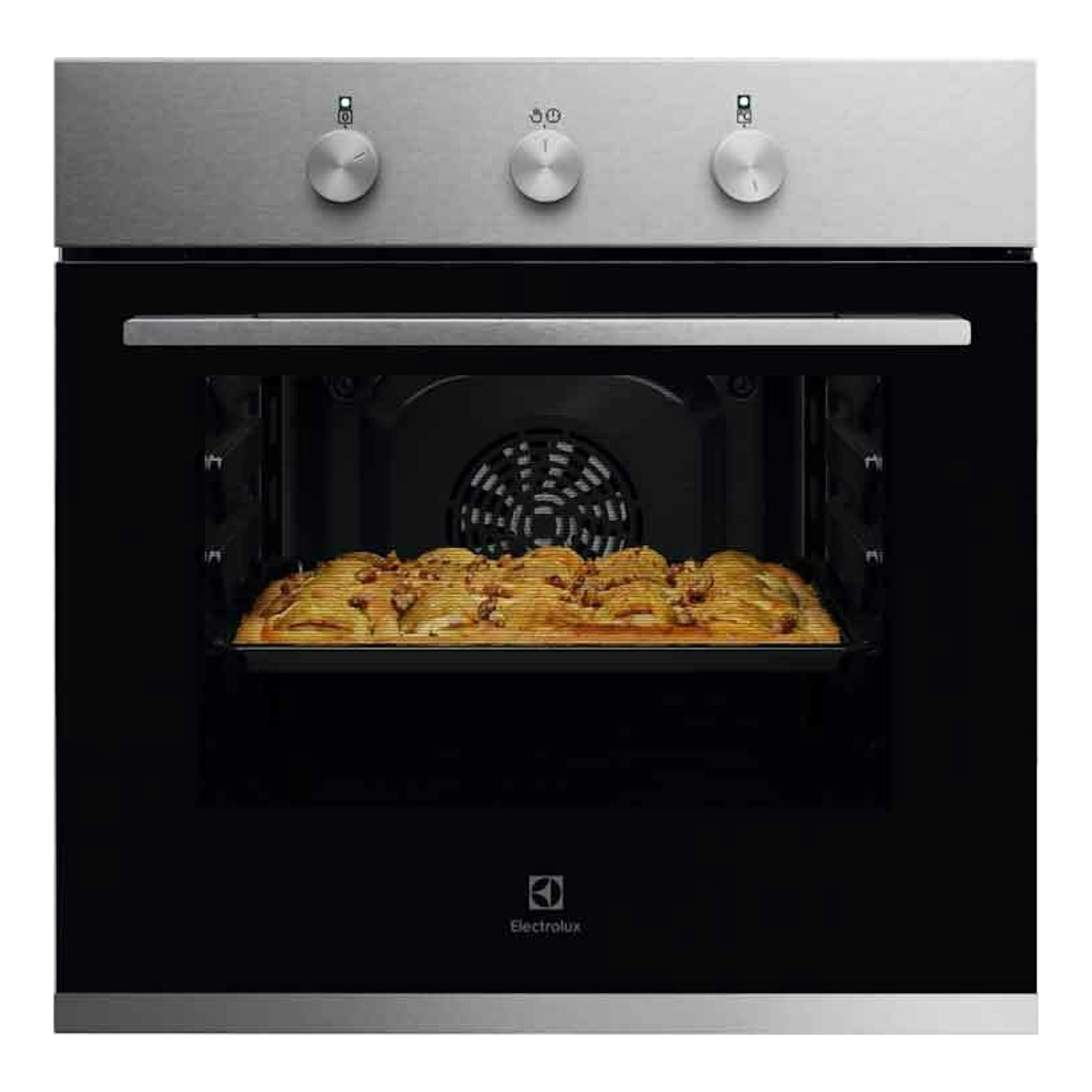 Horno Electrolux KOHHH00BX3 inox, vista frontal, con puerta de vidrio negro y bandeja de pasteles dentro.