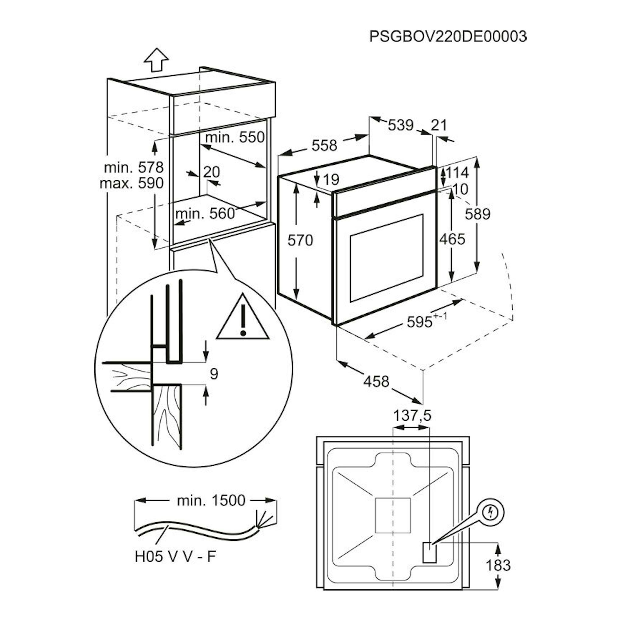 Diagrama técnico de instalación de horno Electrolux OEF5H50BK blanco, con medidas y esquema de encastre.
