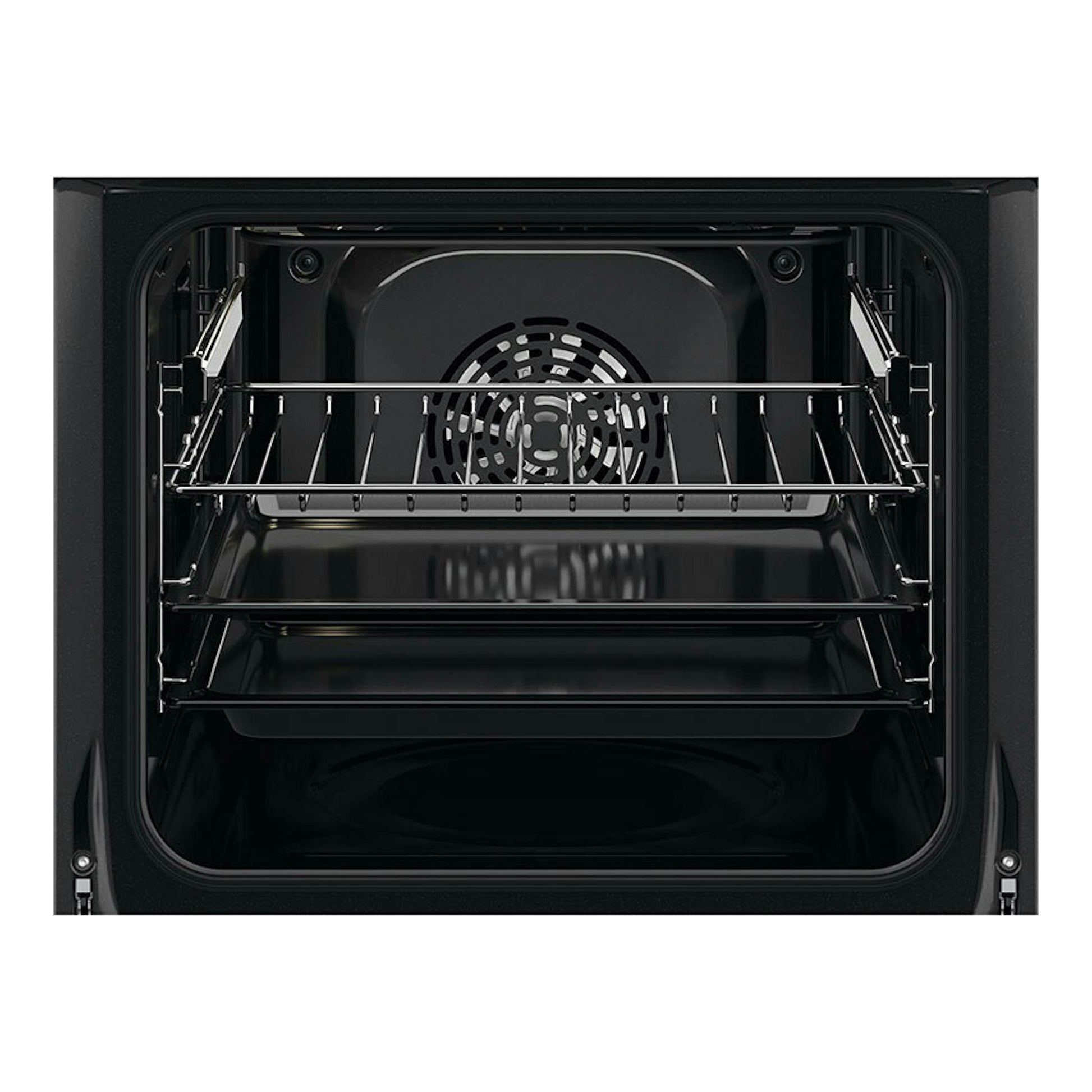 Interior de horno Electrolux OEF5H50BK negro, vista frontal, con bandejas y ventilador trasero.