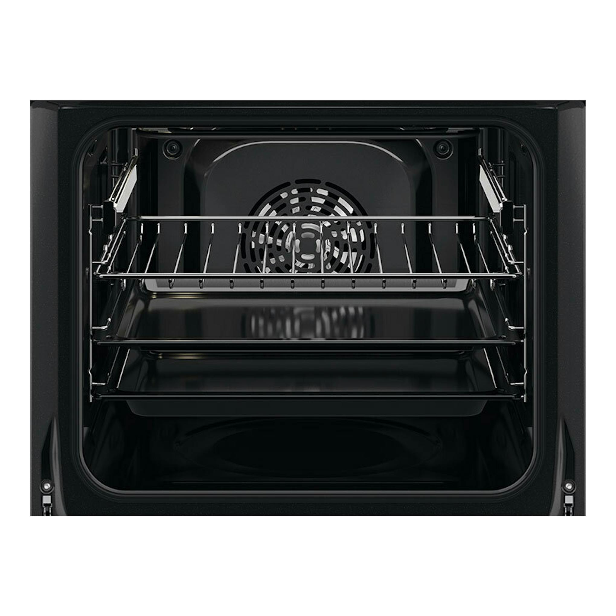 Interior de horno Electrolux OEF5H50BK negro, vista frontal, con bandejas y ventilador trasero.