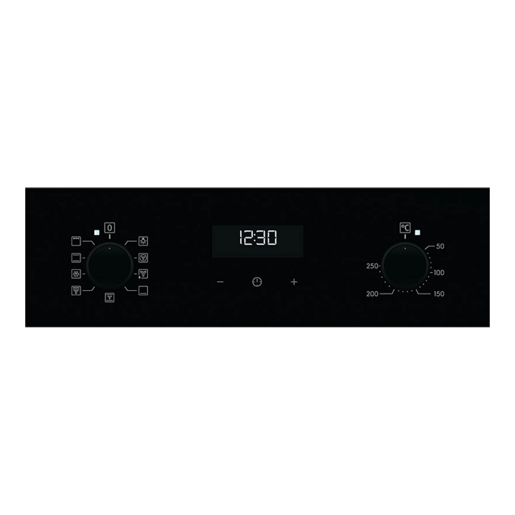 Panel frontal negro de horno Electrolux OEF5H50BK con dos mandos y display digital.