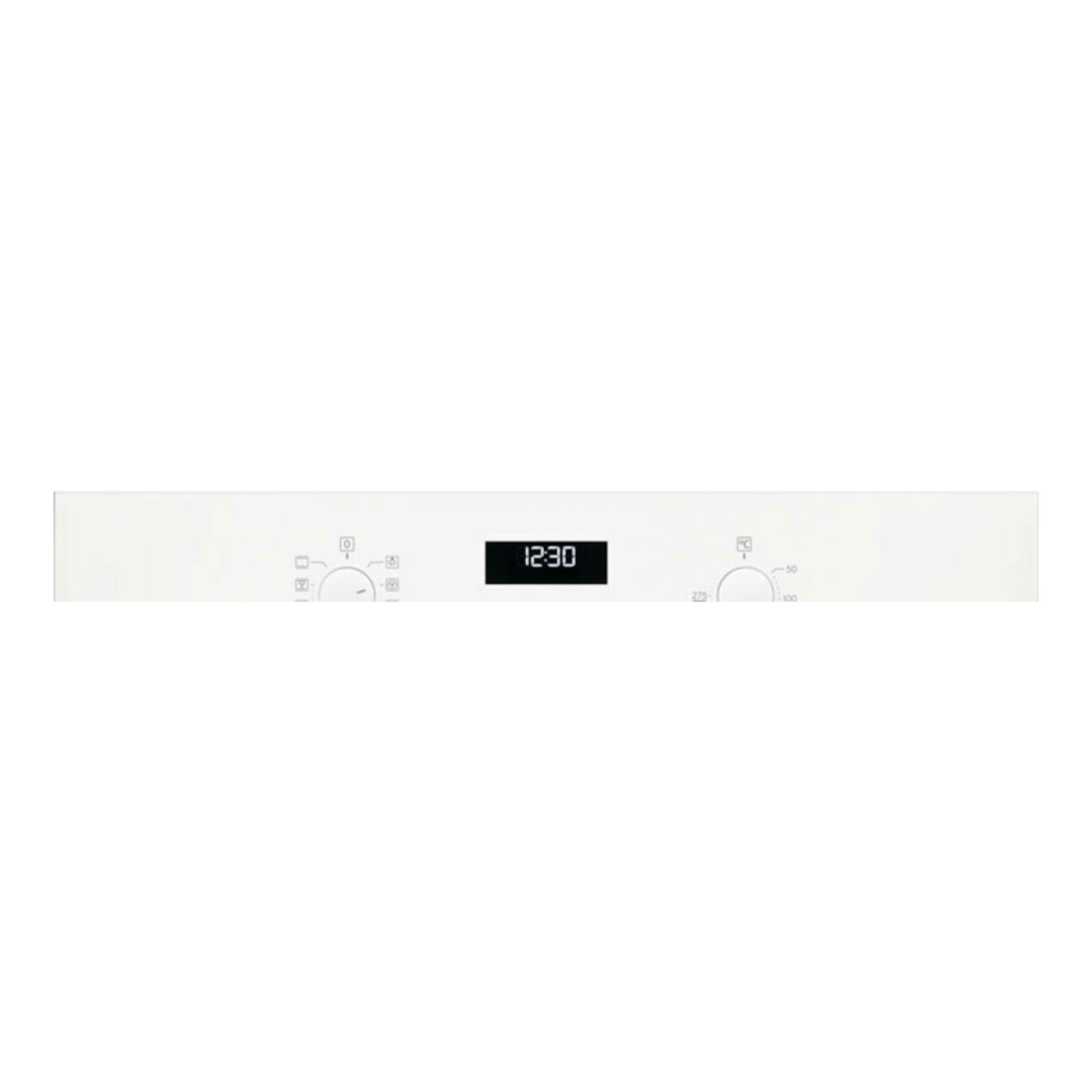 Horno Electrolux OEF5H50V blanco, vista frontal del panel con display digital y dos mandos giratorios.