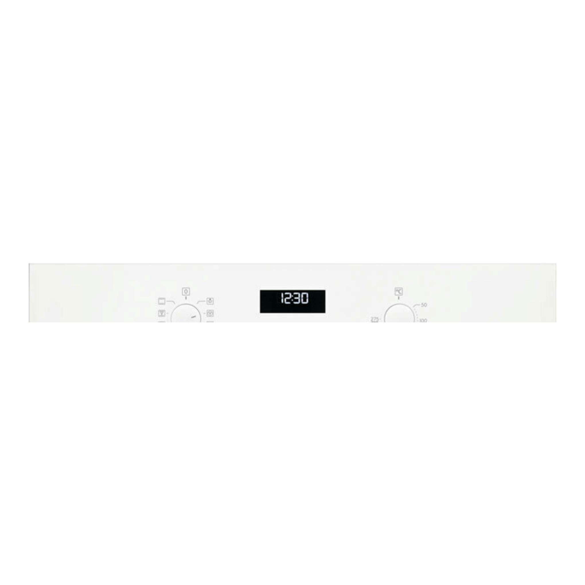 Horno Electrolux OEF5H50V blanco, vista frontal del panel con display digital y dos mandos giratorios.
