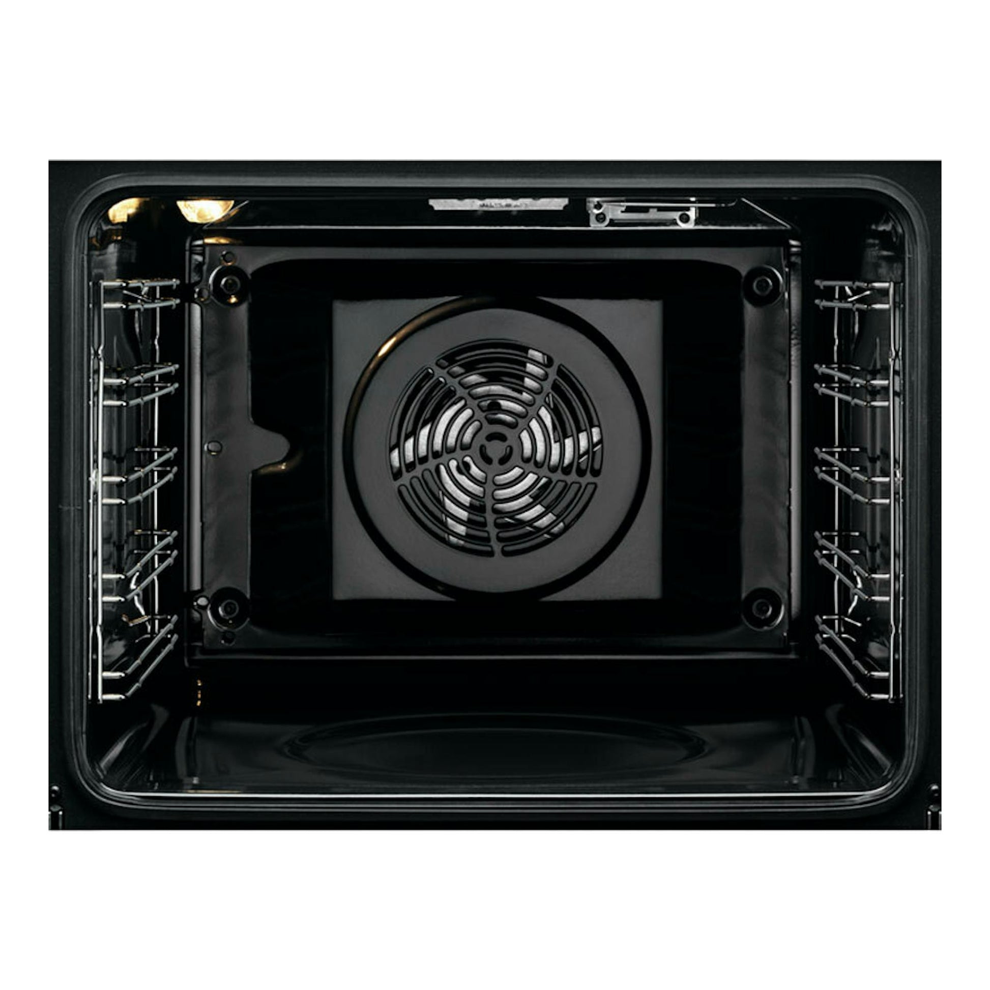 Horno Electrolux OEF5H50V blanco, vista frontal del interior negro con ventilador circular central.