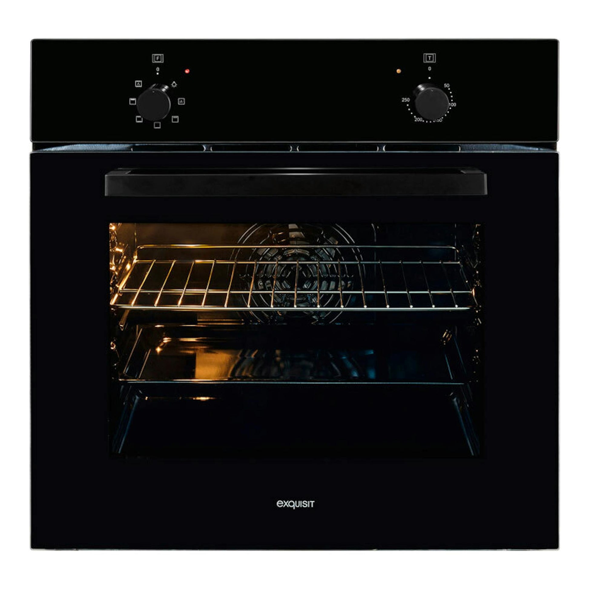 Horno empotrable Exquisit EBE 255-U-020 negro, vista frontal con puerta de cristal y dos mandos.