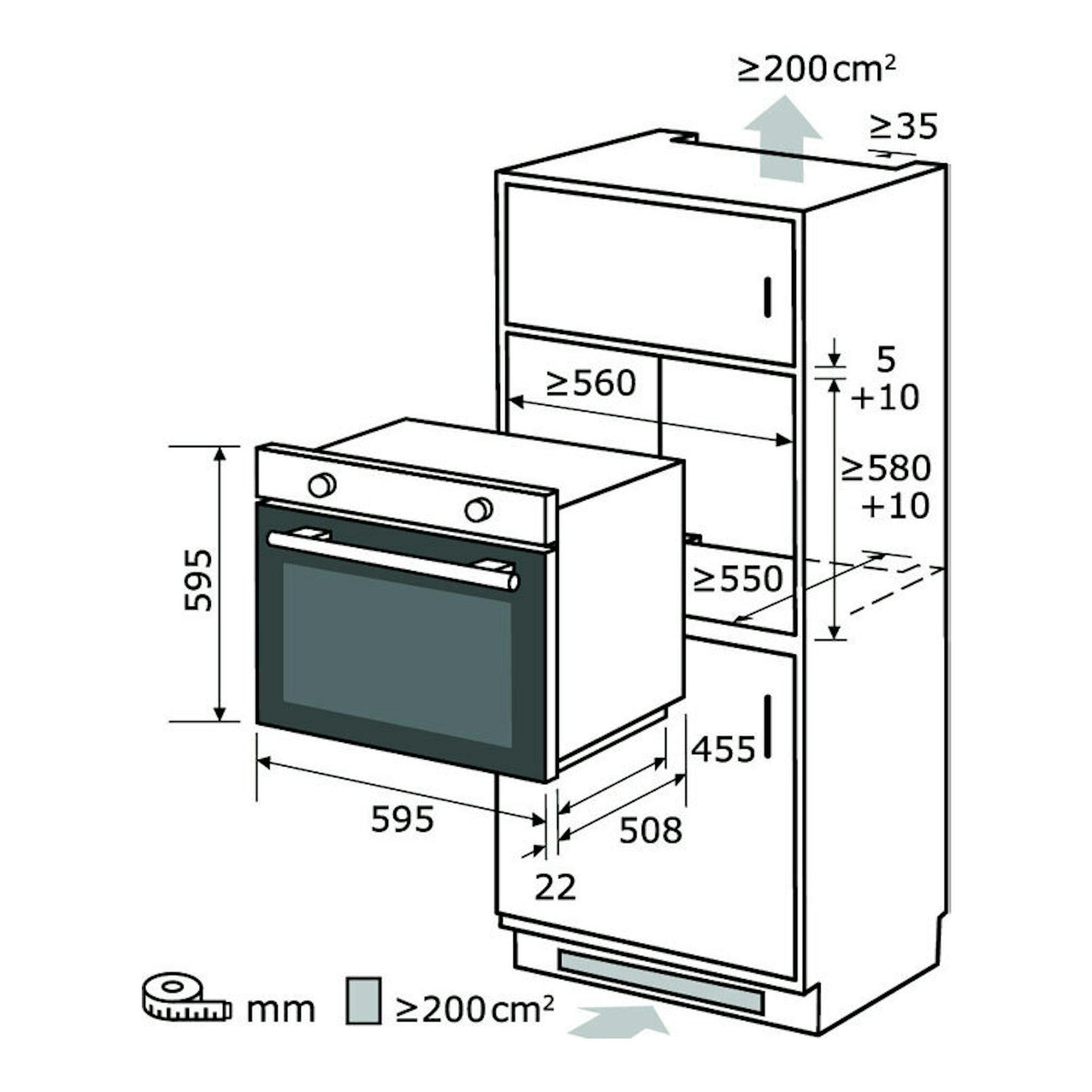 Dibujo técnico del horno Exquisit EBE 255-U-020 negro, vista frontal y lateral, con medidas de instalación.