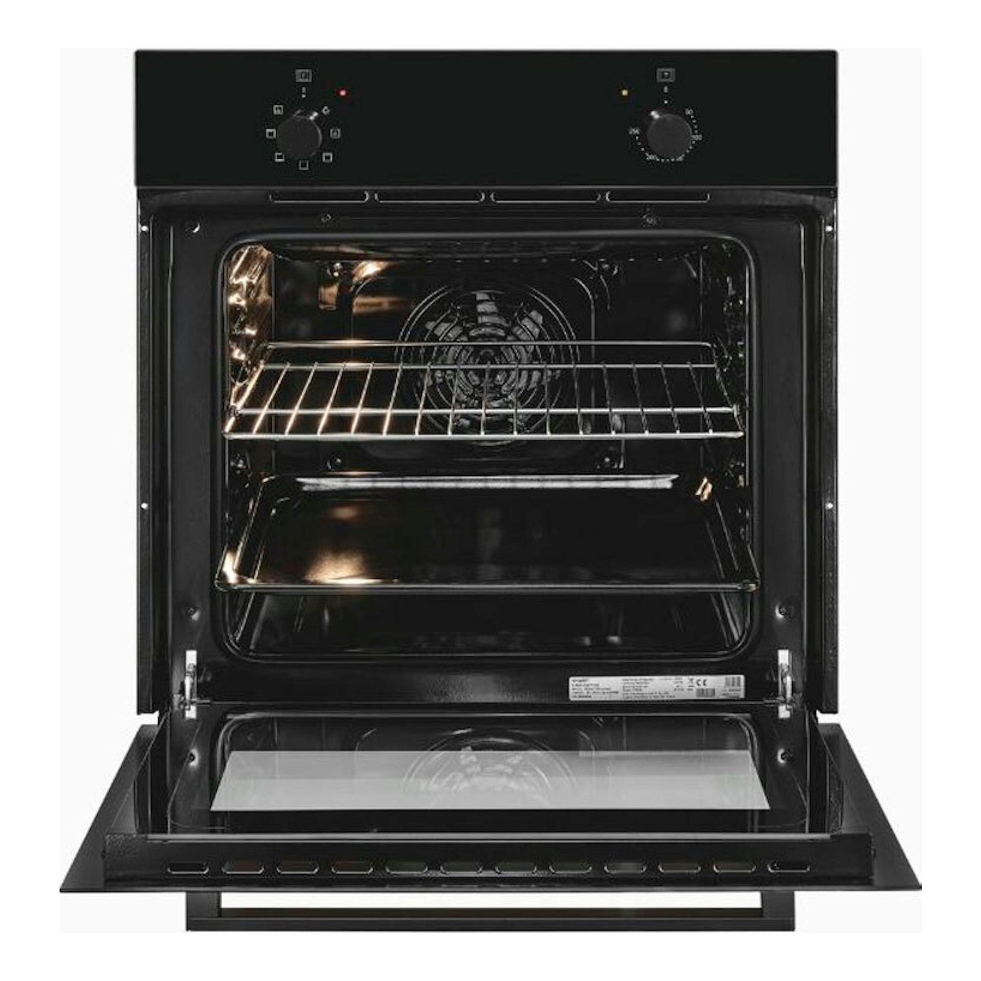 Horno empotrable Exquisit EBE 255-U-020 negro, vista frontal con puerta abatible abierta e interior visible.