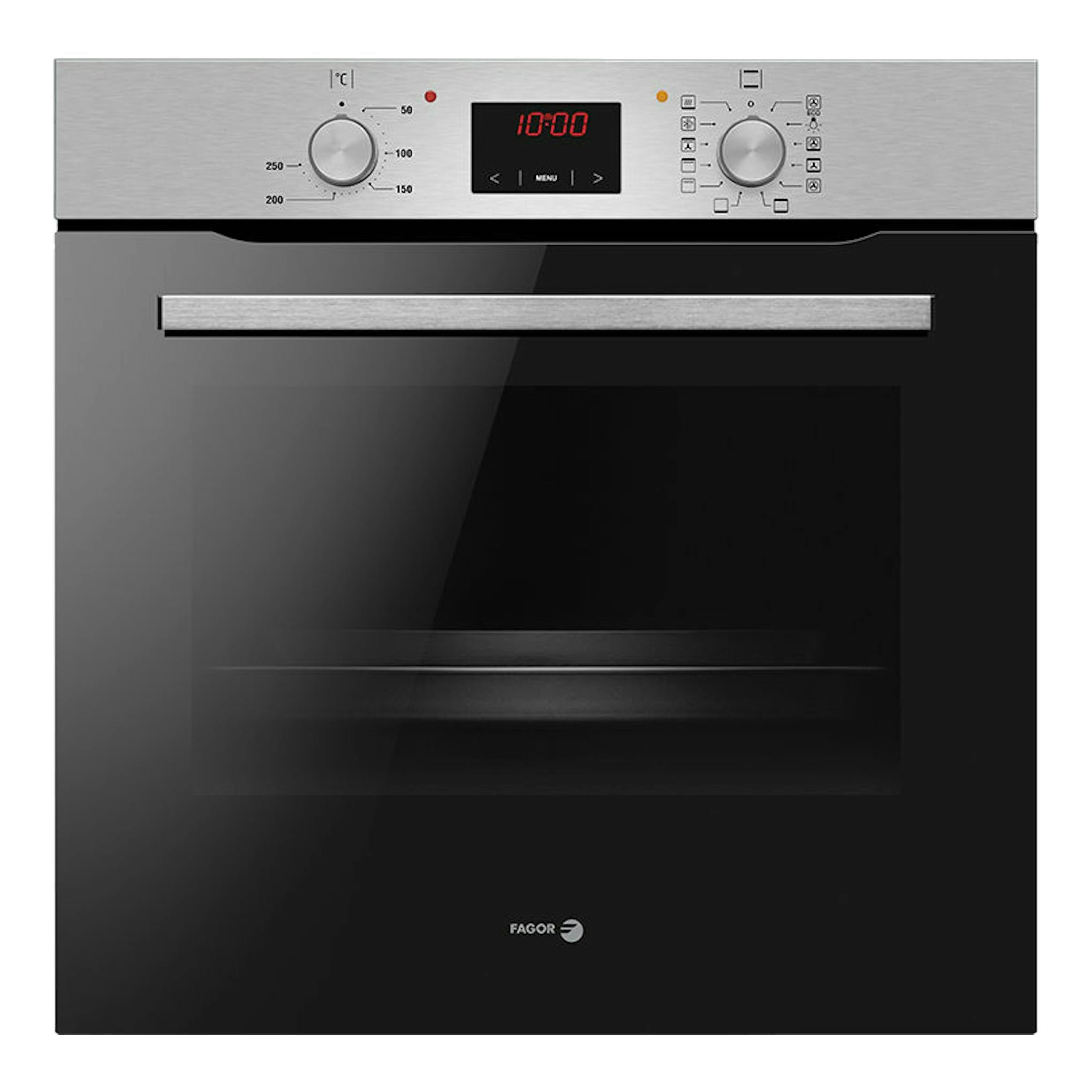 Horno empotrable Fagor 8H-185BX inox, vista frontal, puerta negra y panel superior inoxidable con display digital.