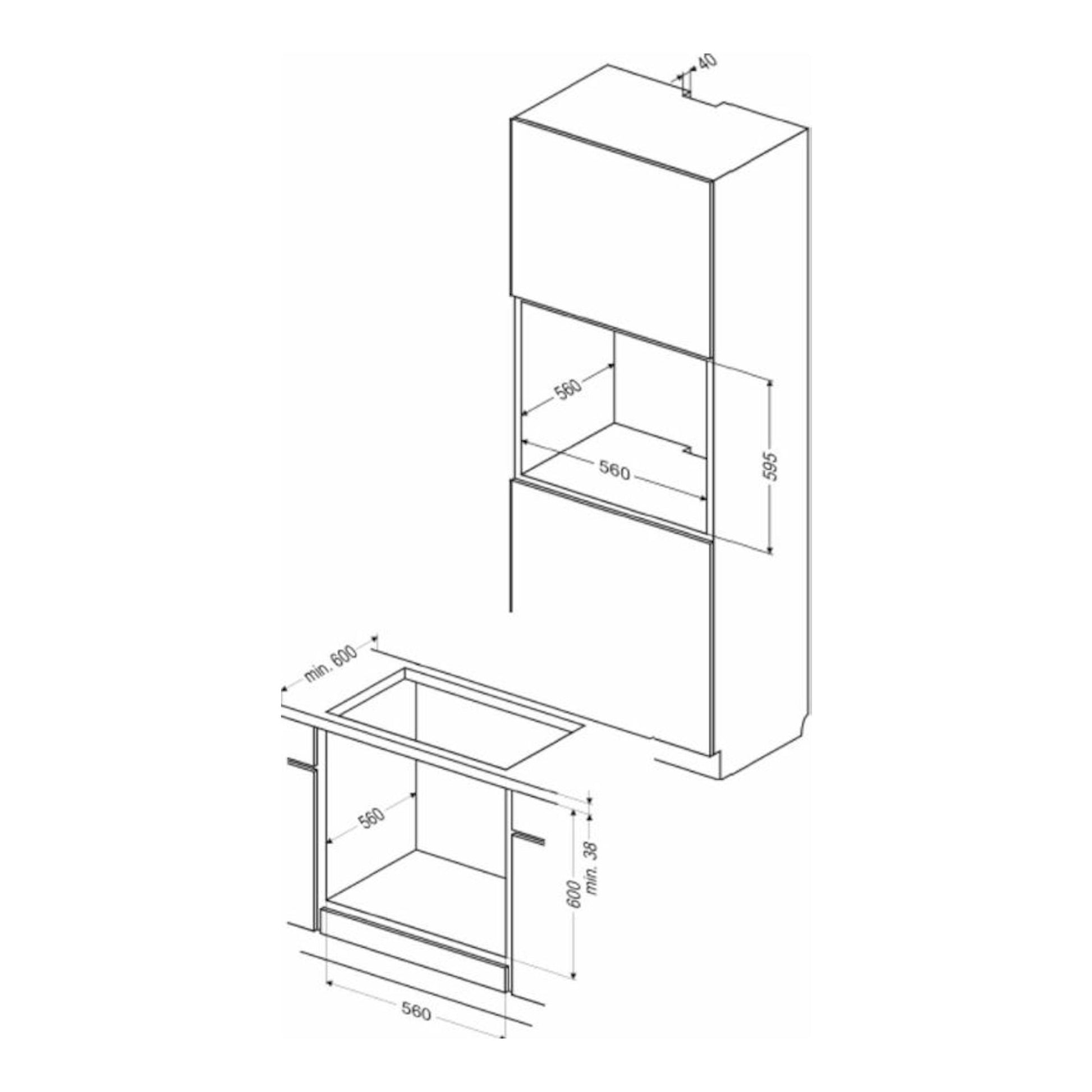 Esquema de instalación del horno Fagor 8H-185BX Inox en mueble, con medidas y hueco de encastre.