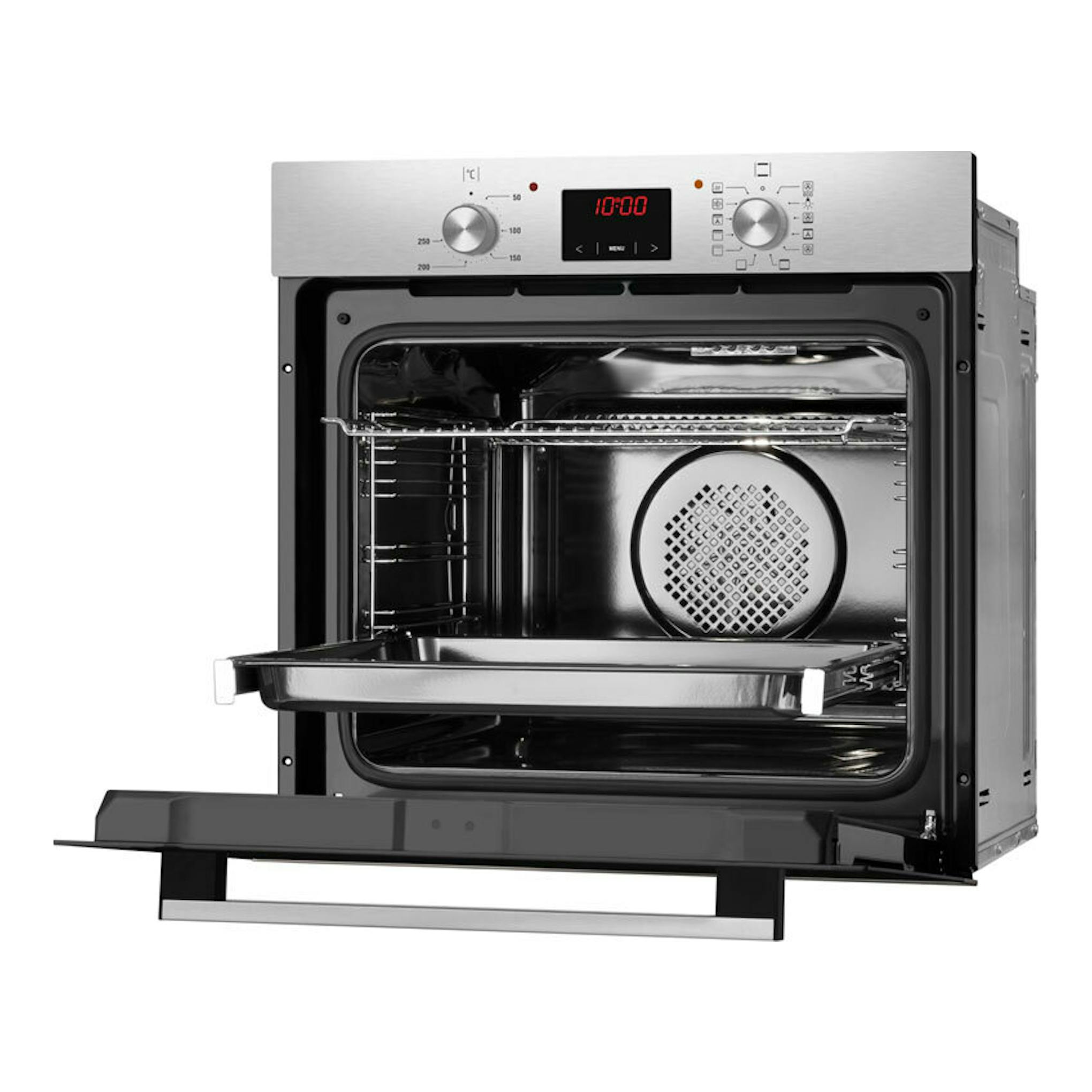 Horno Fagor 8H-185BX inox, vista frontal con la puerta abierta y el interior visible.