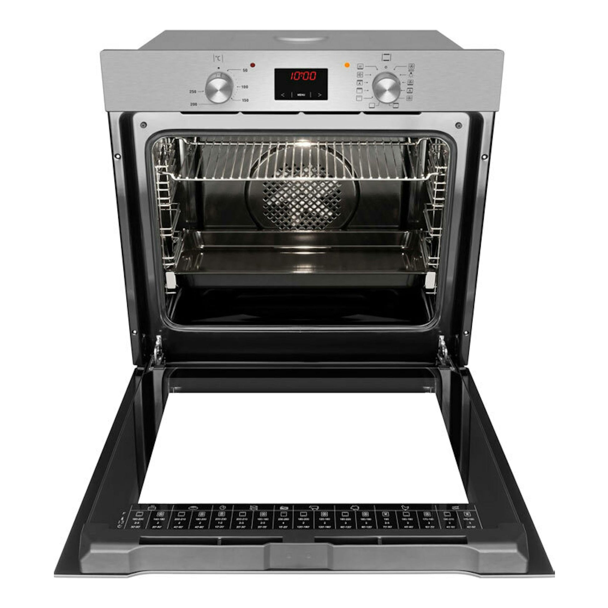 Horno Fagor 8H-185BX inox, visto de frente con puerta abatible abierta y panel digital.