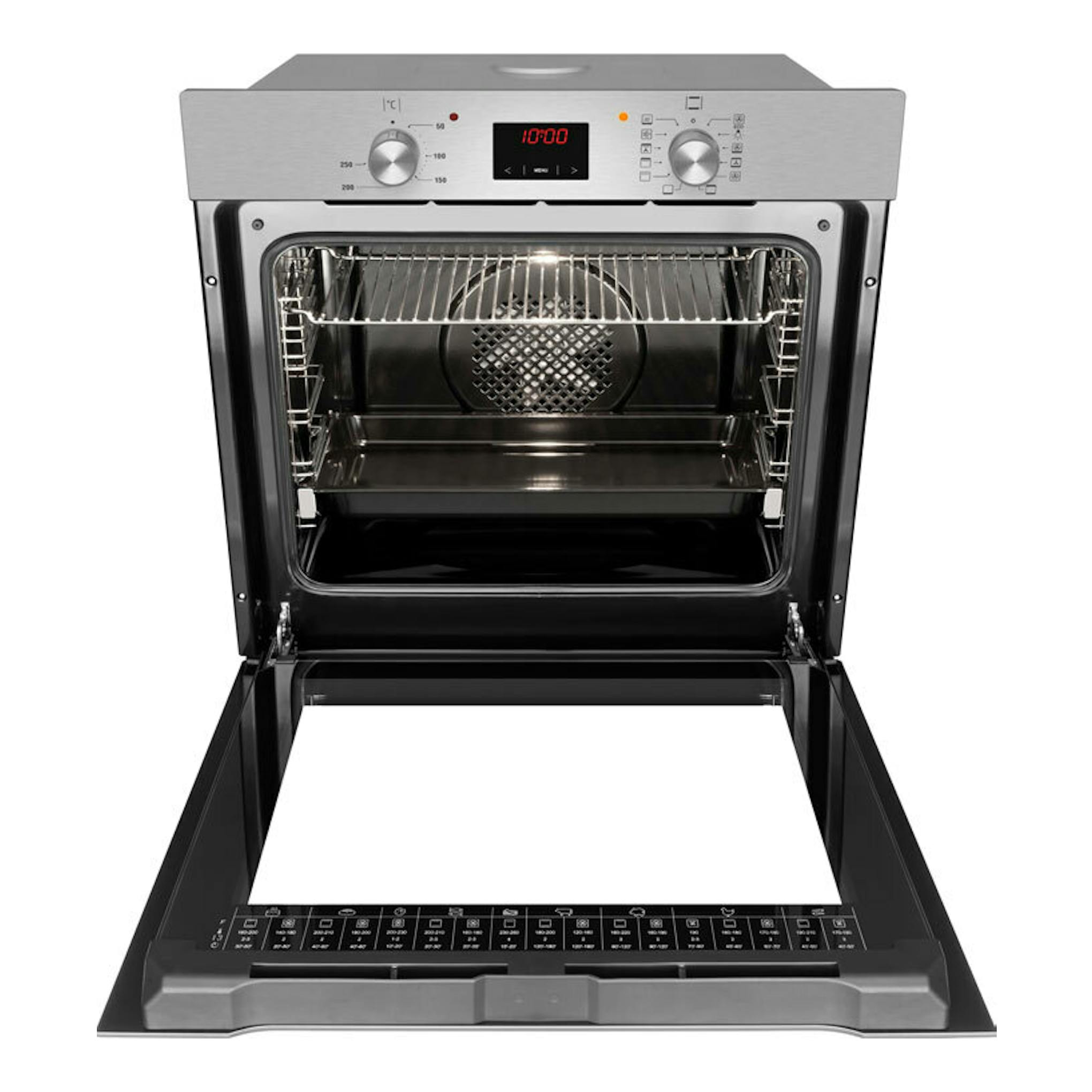 Horno Fagor 8H-185BX inox, visto de frente con puerta abatible abierta y panel digital.