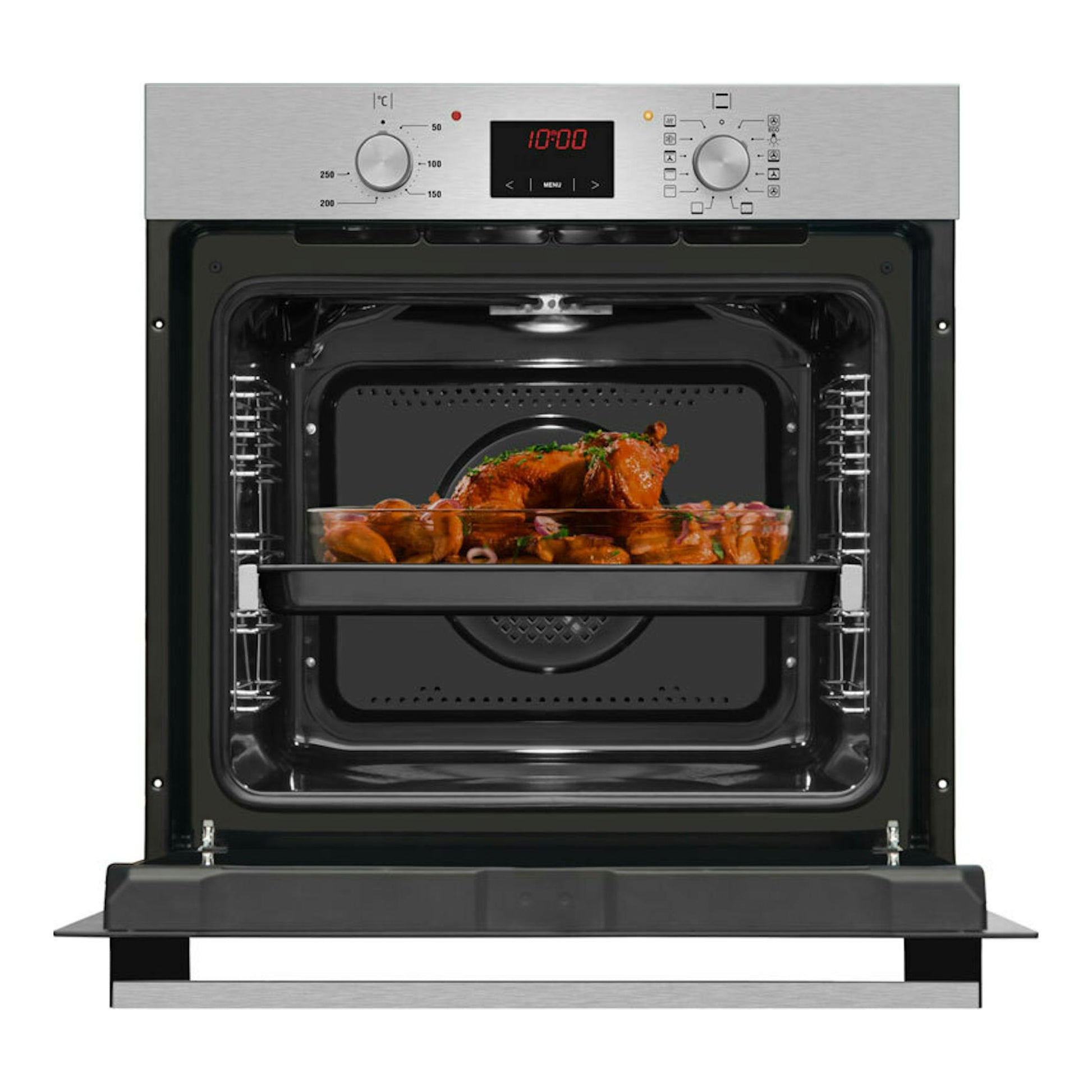 Horno Fagor 8H-185BX inox, vista frontal con puerta abierta, panel digital y bandeja con comida en el interior.