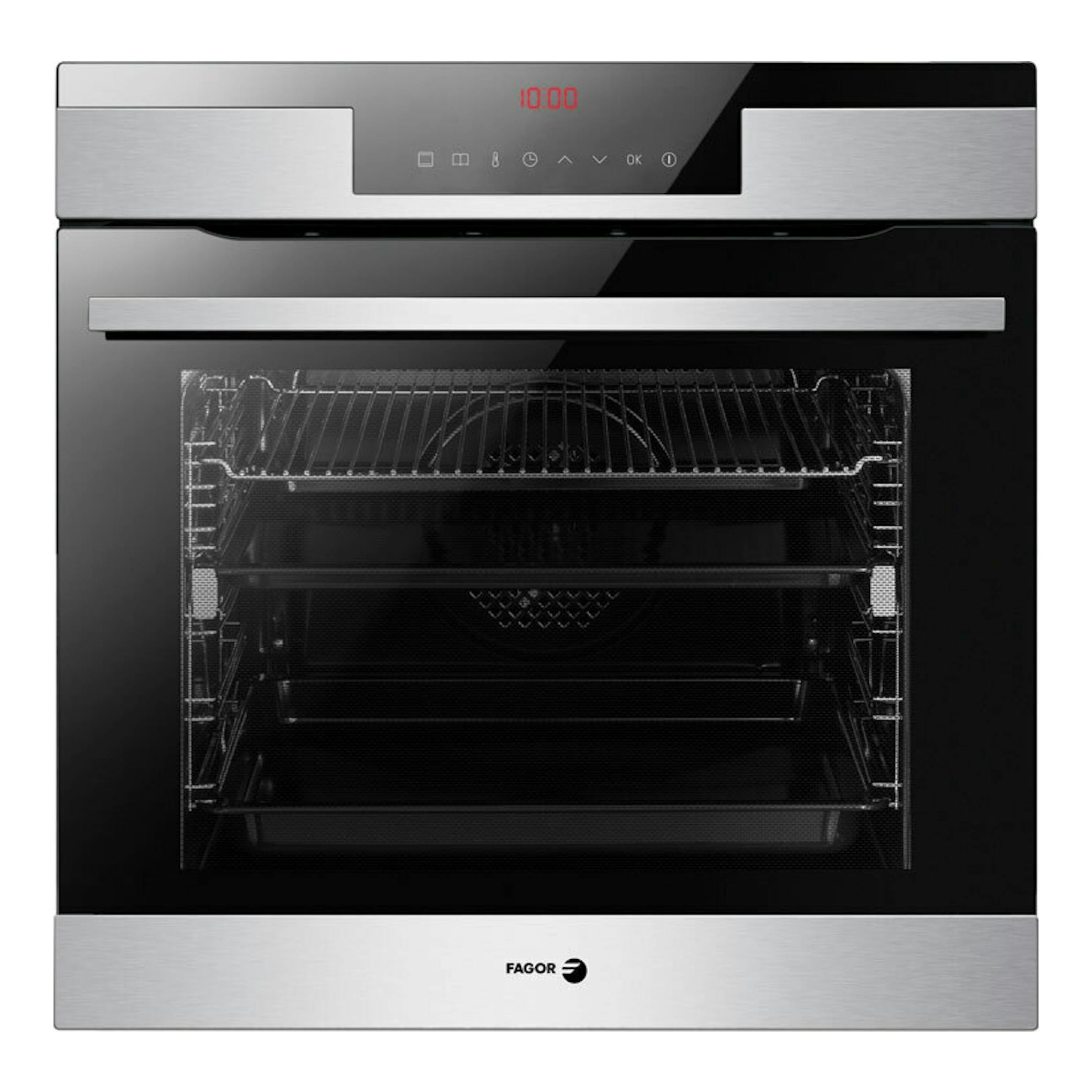 Horno Fagor 8H-760TCX inox, vista frontal, puerta de cristal negro y panel superior plateado.