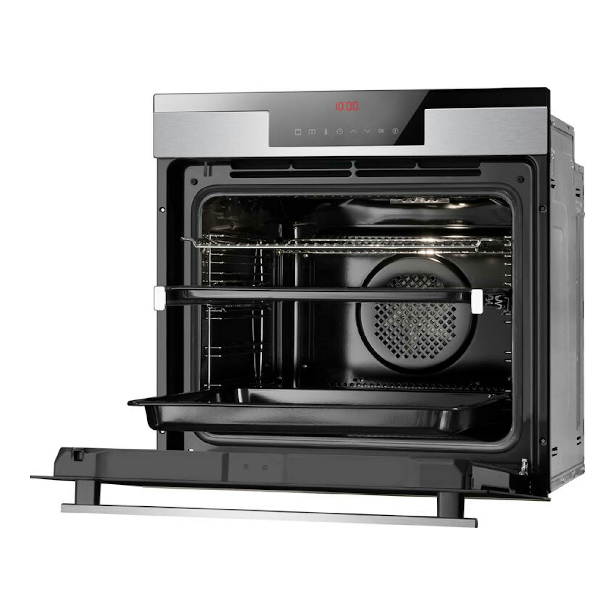 Horno Fagor 8H-760TCX en acero inoxidable, con puerta abatible abierta y interior negro, vista frontal.