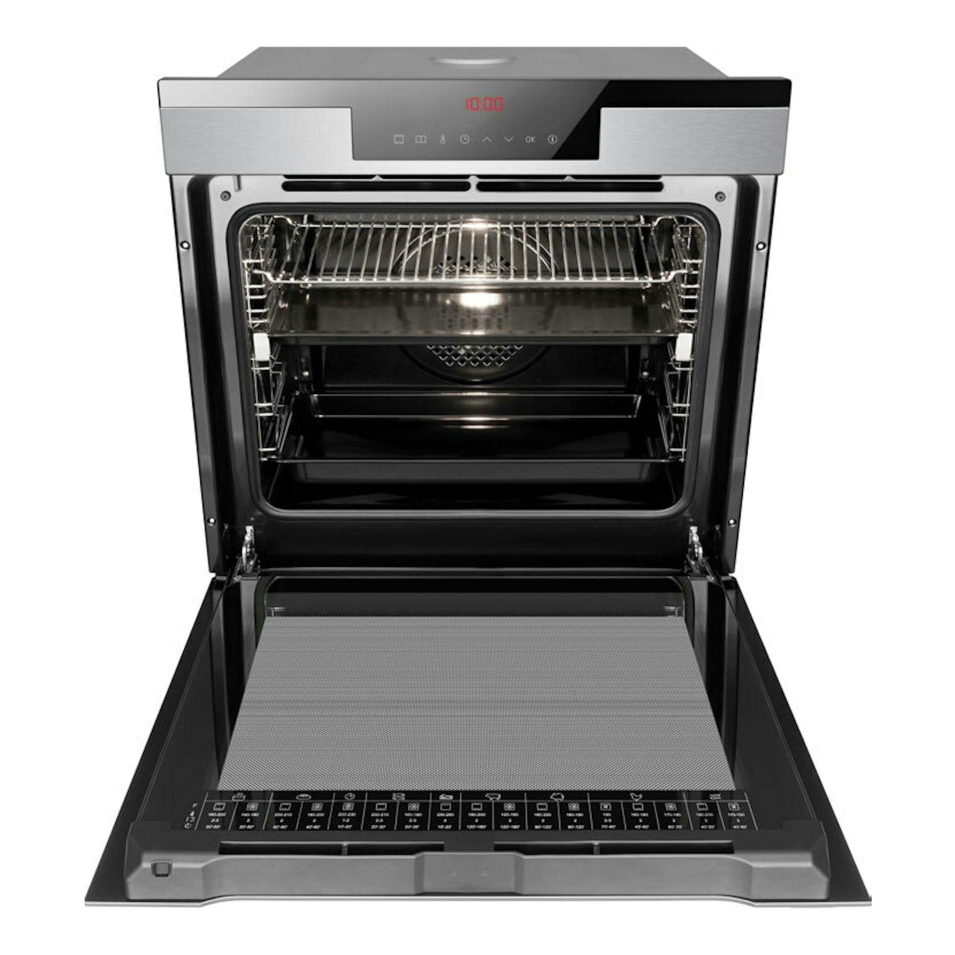 Horno Fagor 8H-760TCX inox, vista frontal con la puerta abierta y el interior visible.