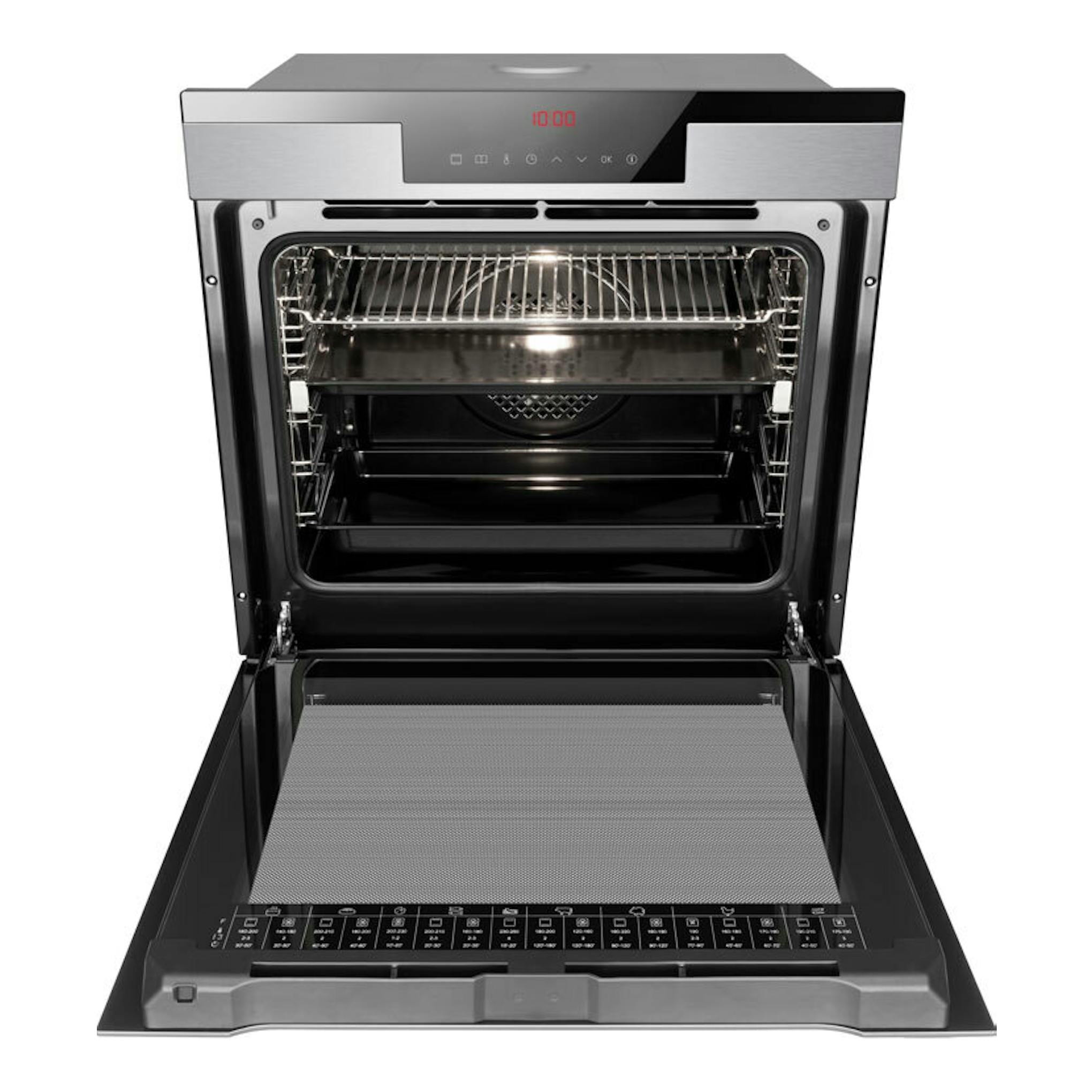 Horno Fagor 8H-760TCX inox, vista frontal con la puerta abierta y el interior visible.