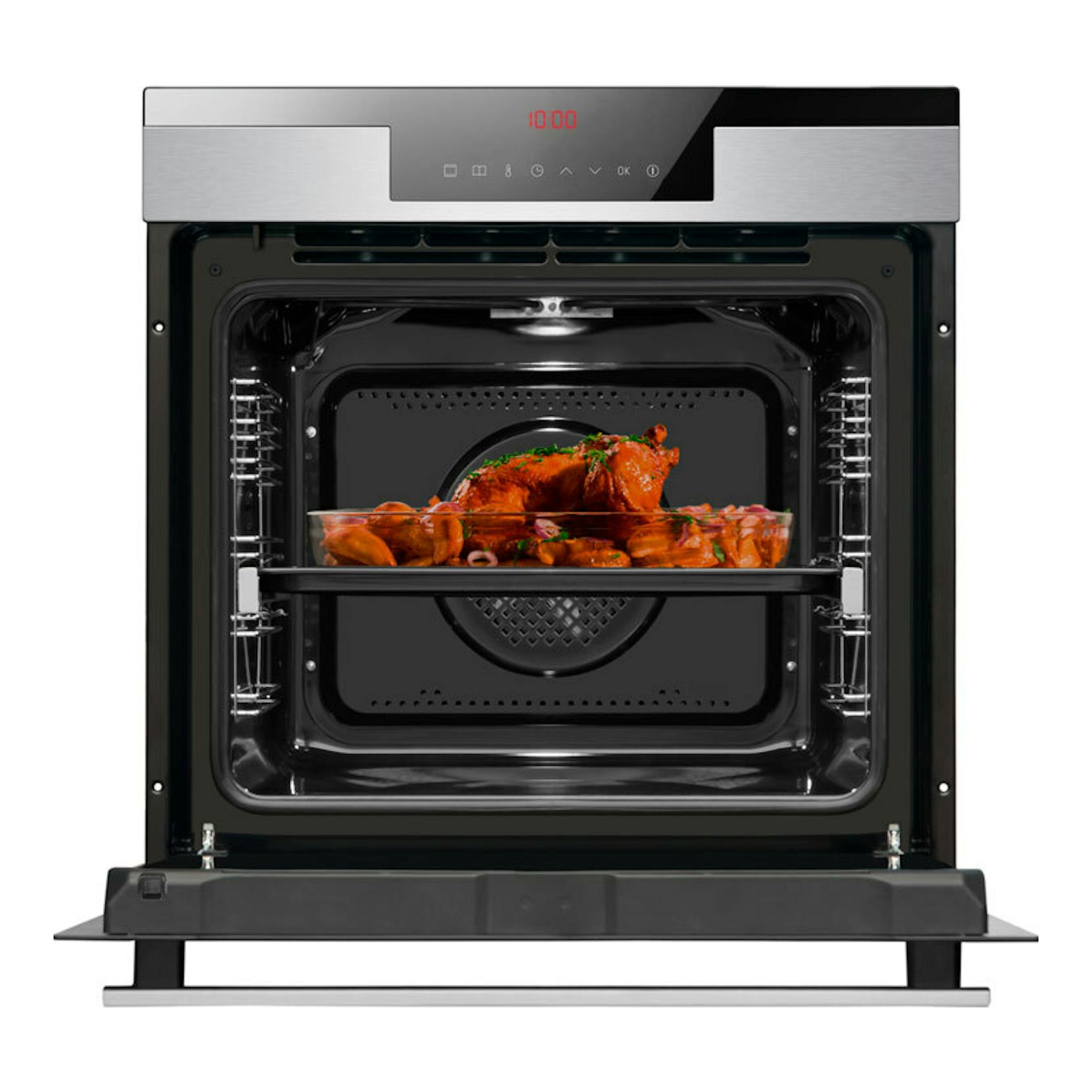 Horno Fagor 8H-760TCX de acero inoxidable, vista frontal con la puerta abierta y bandeja con comida.