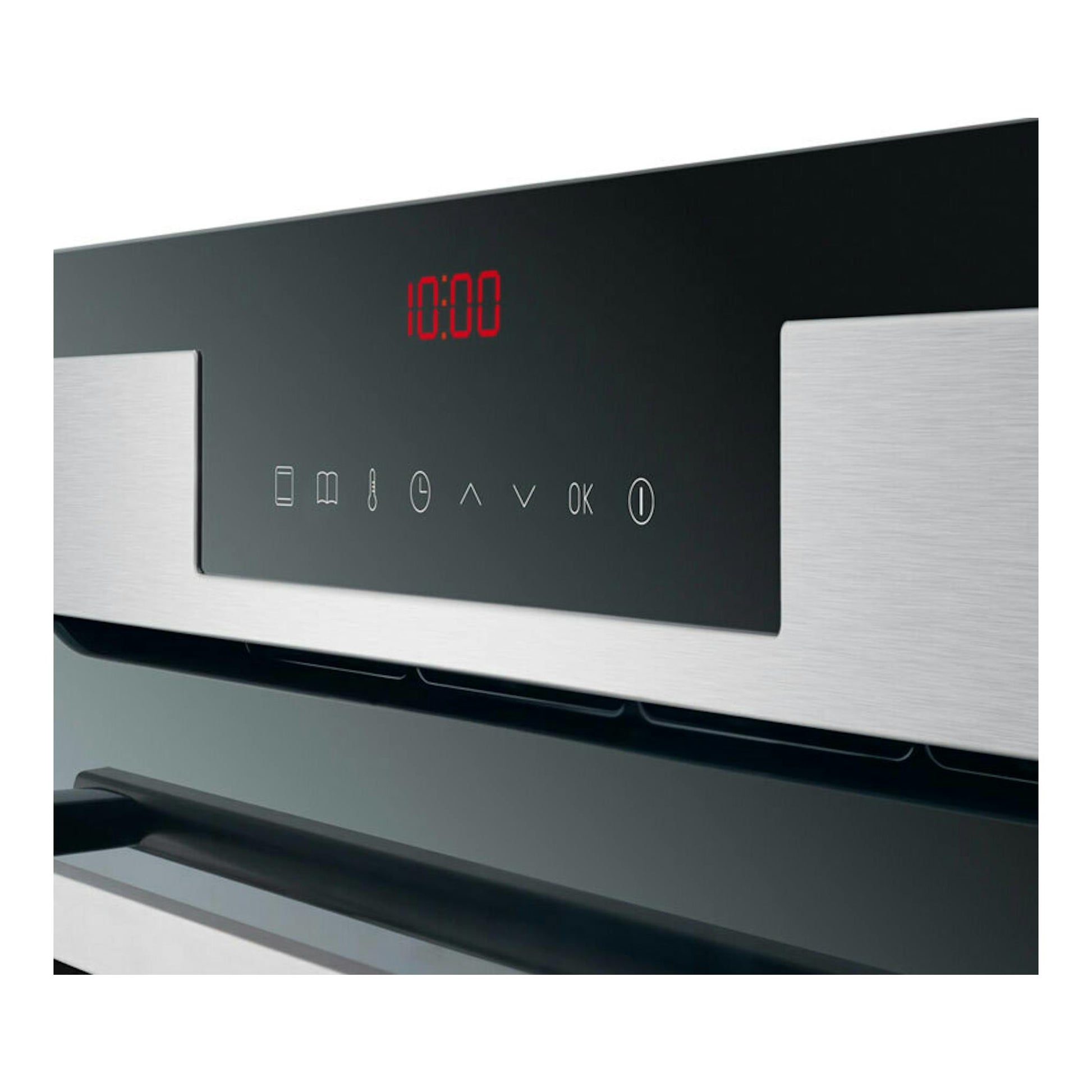 Horno Fagor 8H-760TCX inox, vista frontal parcial, panel de vidrio negro con display rojo y acabado acero inox.