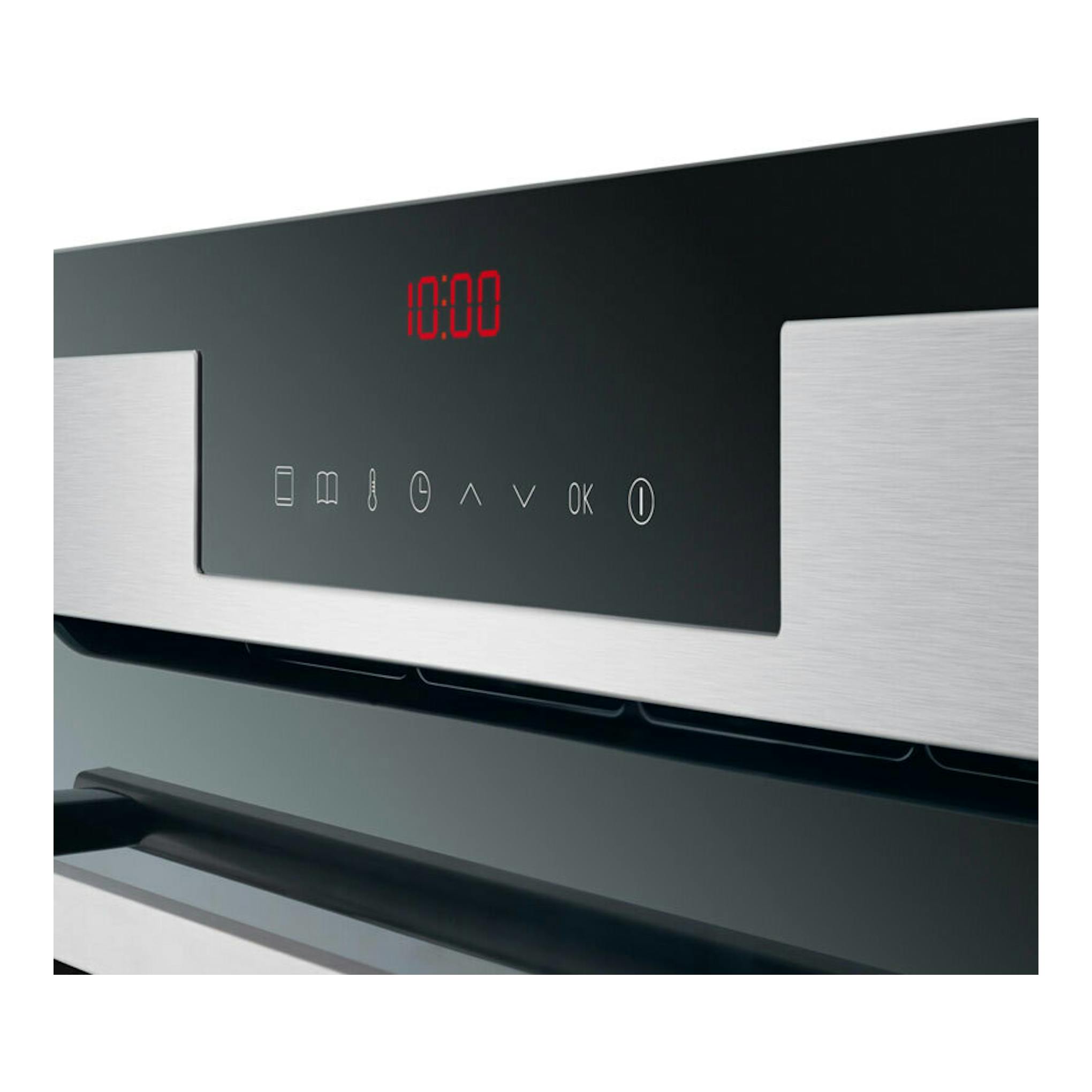 Horno Fagor 8H-760TCX inox, vista frontal parcial, panel de vidrio negro con display rojo y acabado acero inox.