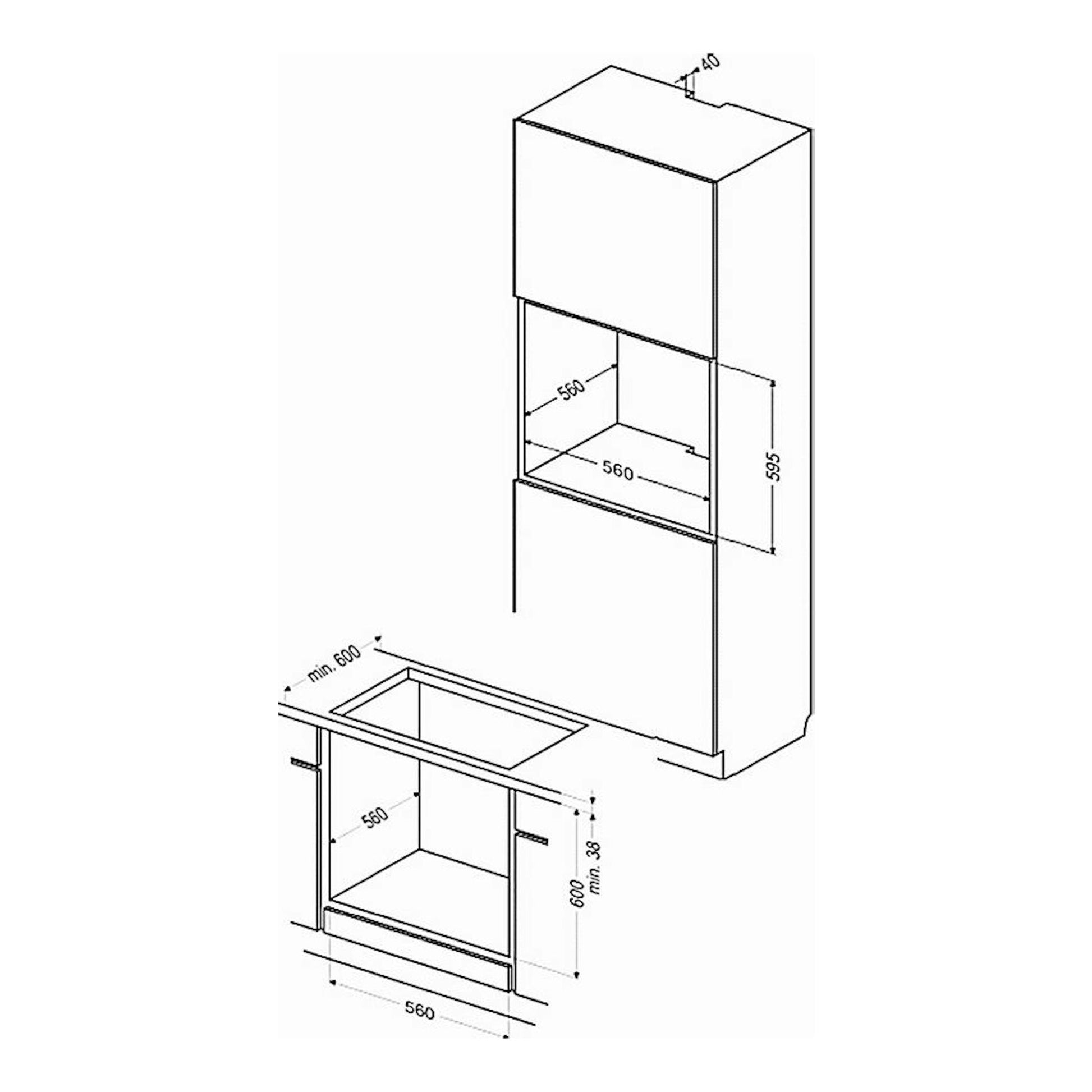 Diagrama técnico de instalación del horno Fagor 8H-875TCX inox, con medidas del mueble y hueco.