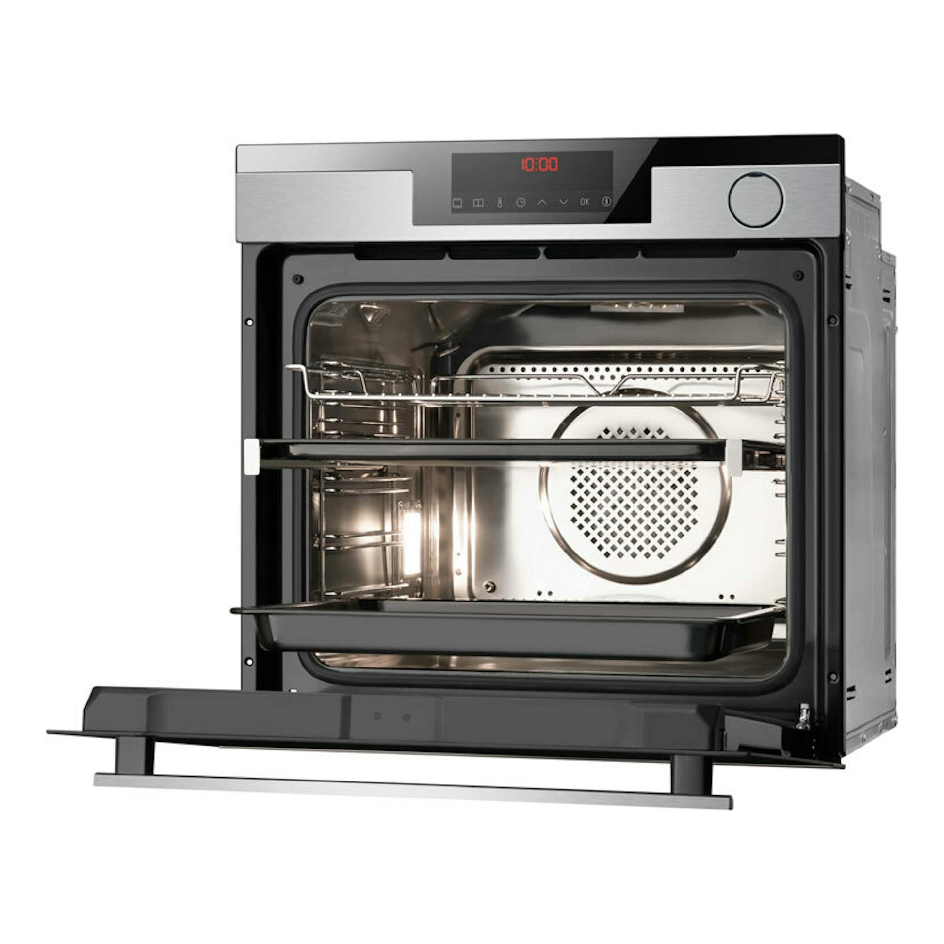 Horno Fagor 8H-875TCX inox, vista frontal con puerta abierta e interior visible.