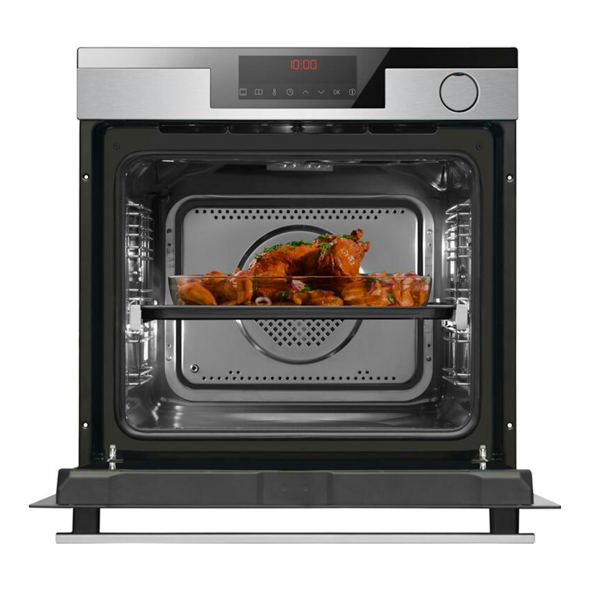 Horno Fagor 8H-875TCX inox, vista frontal con la puerta abierta y una bandeja con pollo asado en el interior.