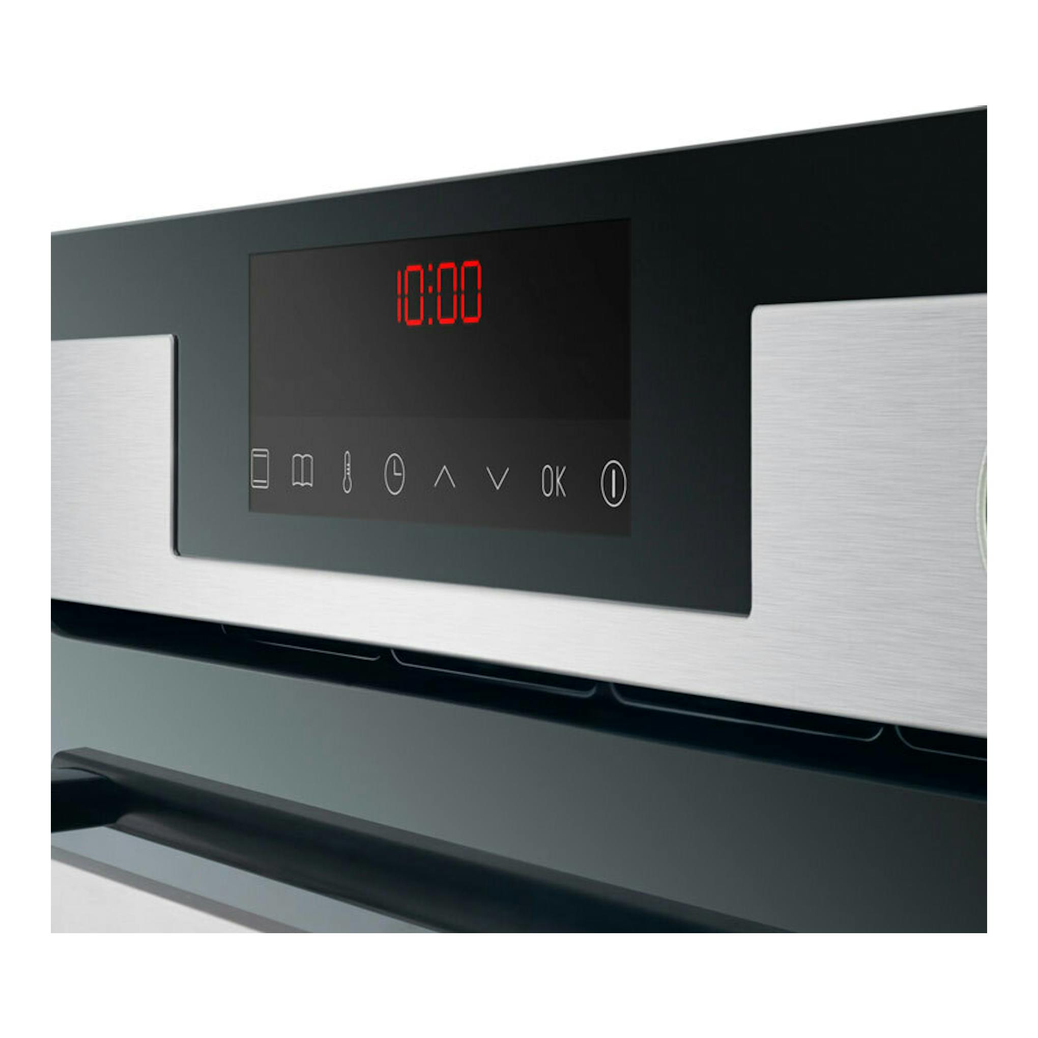 Horno Fagor 8H-875TCX inox, vista frontal parcial, panel negro con display digital rojo y acabados en acero.